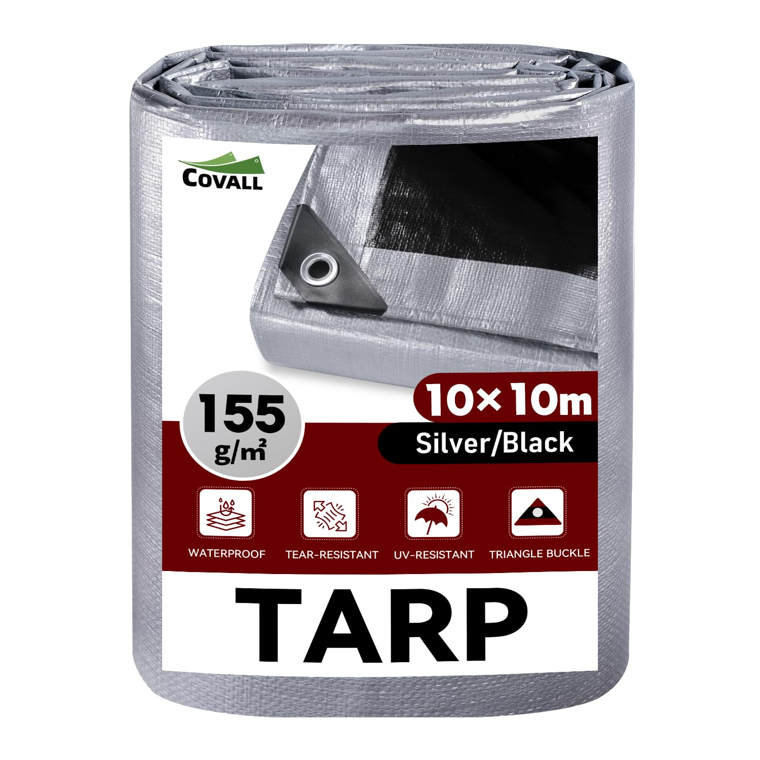 COVALL Tarpaulin Waterproof Heavy Duty 10m x 10m, 155GSM Groundsheet Tarp Cover for Outdoor, Camping Sheet, Multipurpose, Garden, Roof, Weatherproof UV Resistant Tear Proof (Silver/Black)