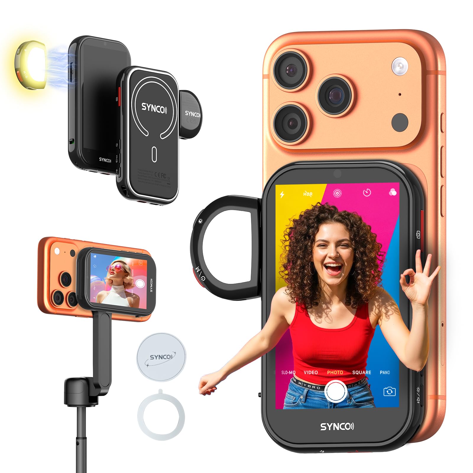 SYNCO XView M4 AI Pantalla Monitor Selfie con Luz Magnética para iPhone y Android, Control por Gestos, 4K sin latencia, Selfie Cámara Trasera, Batería 3h, para Youtube TikTok (Negro)