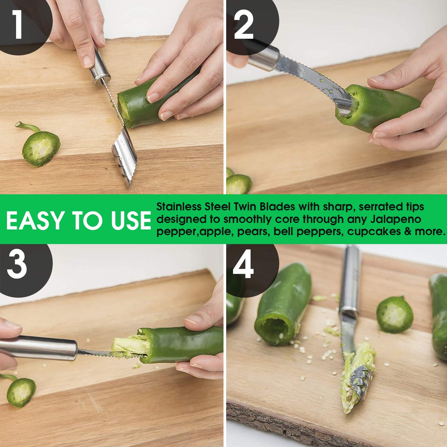 Stainless Steel Pepper Core Remover, Jalapeno Pepper Corer Tools Stainless Steel Chili Corer Remover with Sharp Edge Gadget for Vegetable Cutting — Amazon image 3
