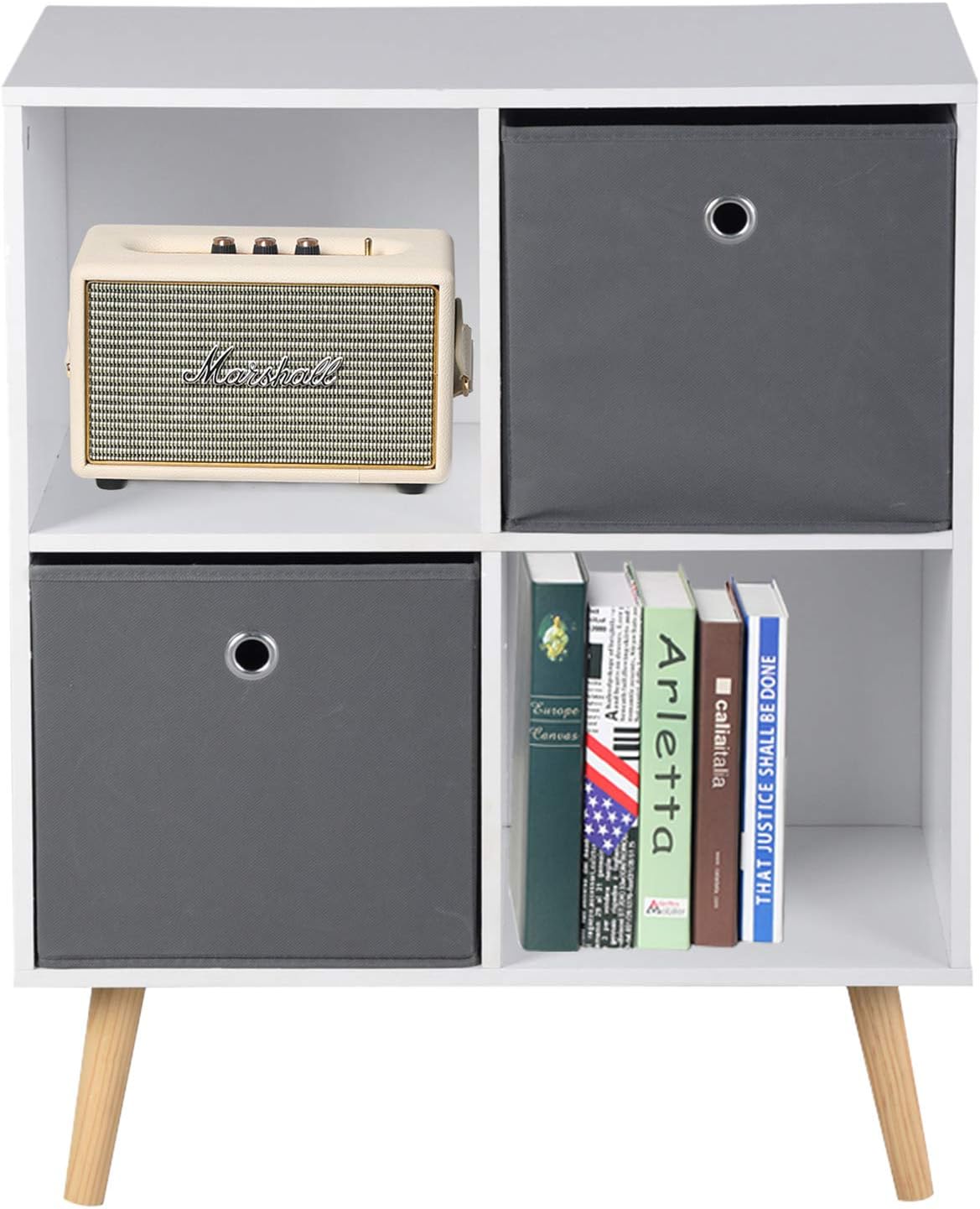 ASUUNY White Sideboard, Open Side Cabinet 4 Cubes with 2 Drawers, Wooden Storage Cupboard Bedroom Living Room Bedside Cabinet, 23.6 X 11 X 29.5 Inch