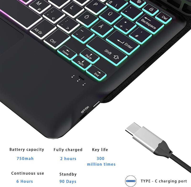 ROOFEI Lenovo Tab P12 12.7" tok billentyűzettel, RGB világítás, trackpad és tolltartó
