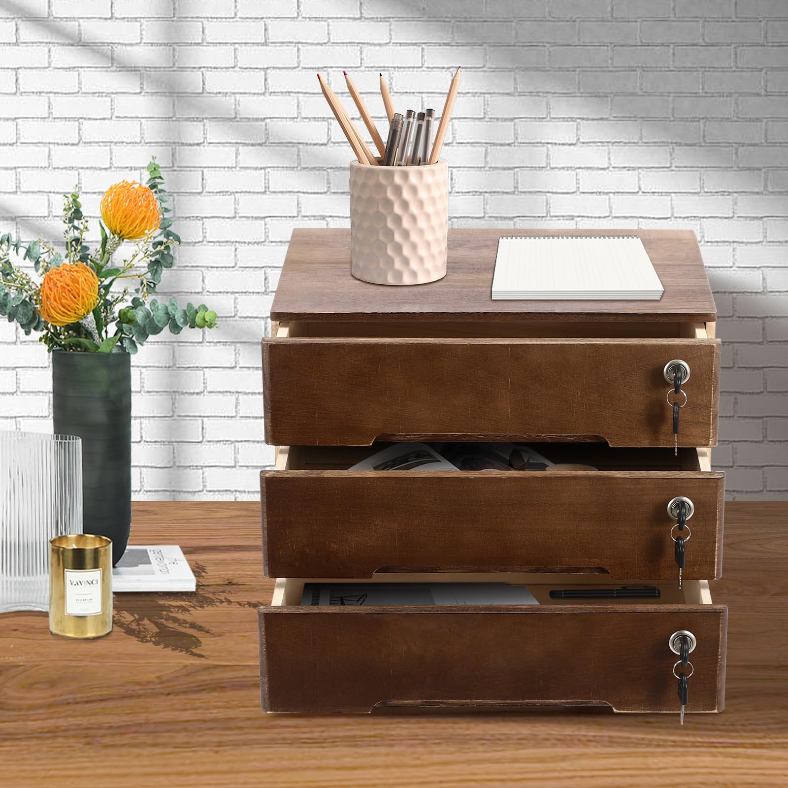 Armadietto portaoggetti da scrivania in legno con 3 cassetti chiudibili, organizer per letteratura, piccolo cassetto per articoli per la casa, kit da cucito, vanità, finitura noce