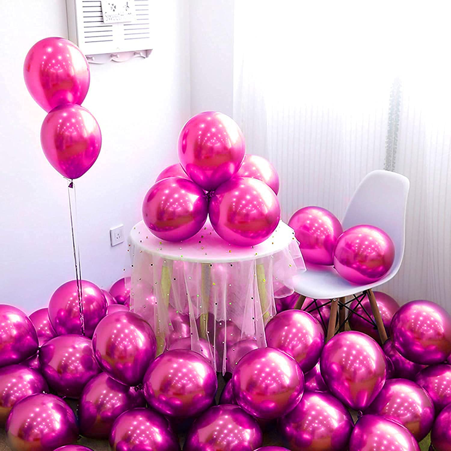 Chrome Metallic Balloons, 100 pcs 12 inch Hot Pink Thick Latex Balloons, Chrome Balloons Helium Balloons for Birthday Wedding Engagement Anniversary Party Decorations (Hot Pink)