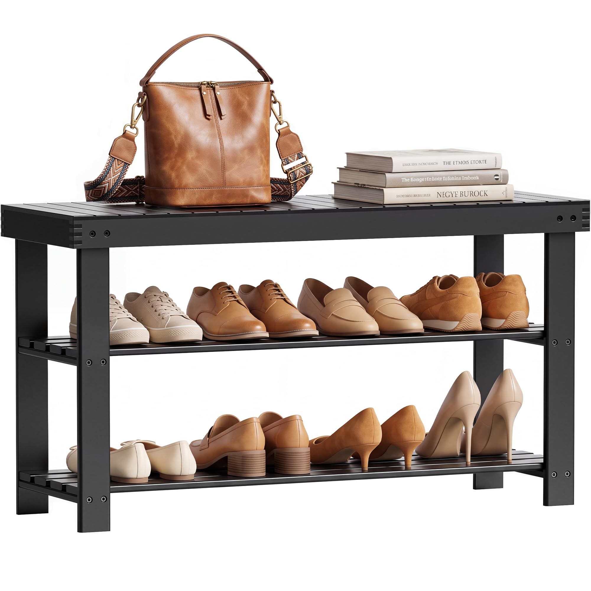 SMIBUY Schuhbank, Schuhregal aus Bambus, Schuhschrank mit Sitzbank, Schuhständer mit 3 Ablagen, Stabil Standregal ideal für Flur, Eingang, Bad, Wohnzimmer, Diele, Schwarz
