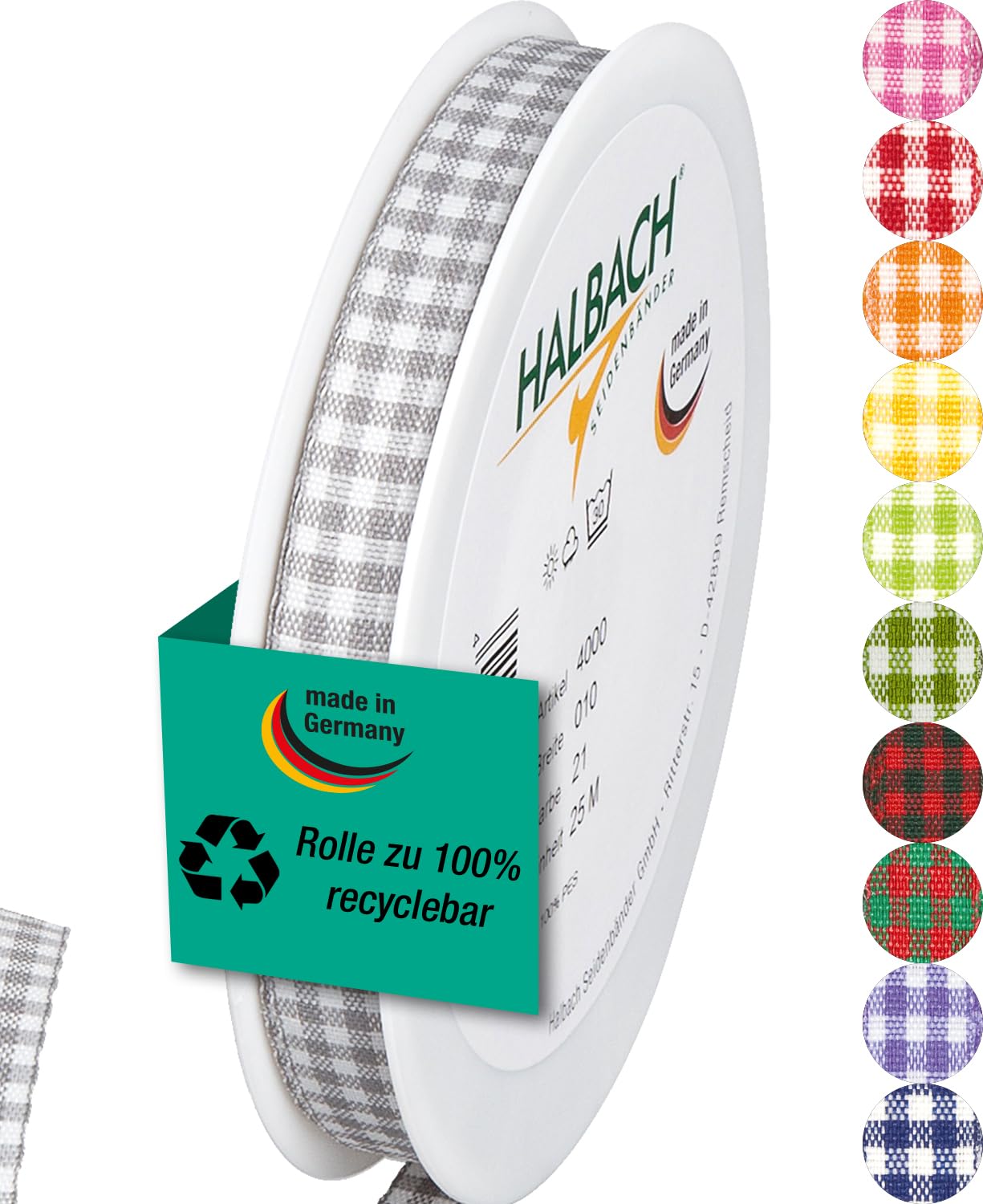 Halbach Seidenbänder Premium Vichy Checked Gift Ribbon (Grey), gray, 10 mm