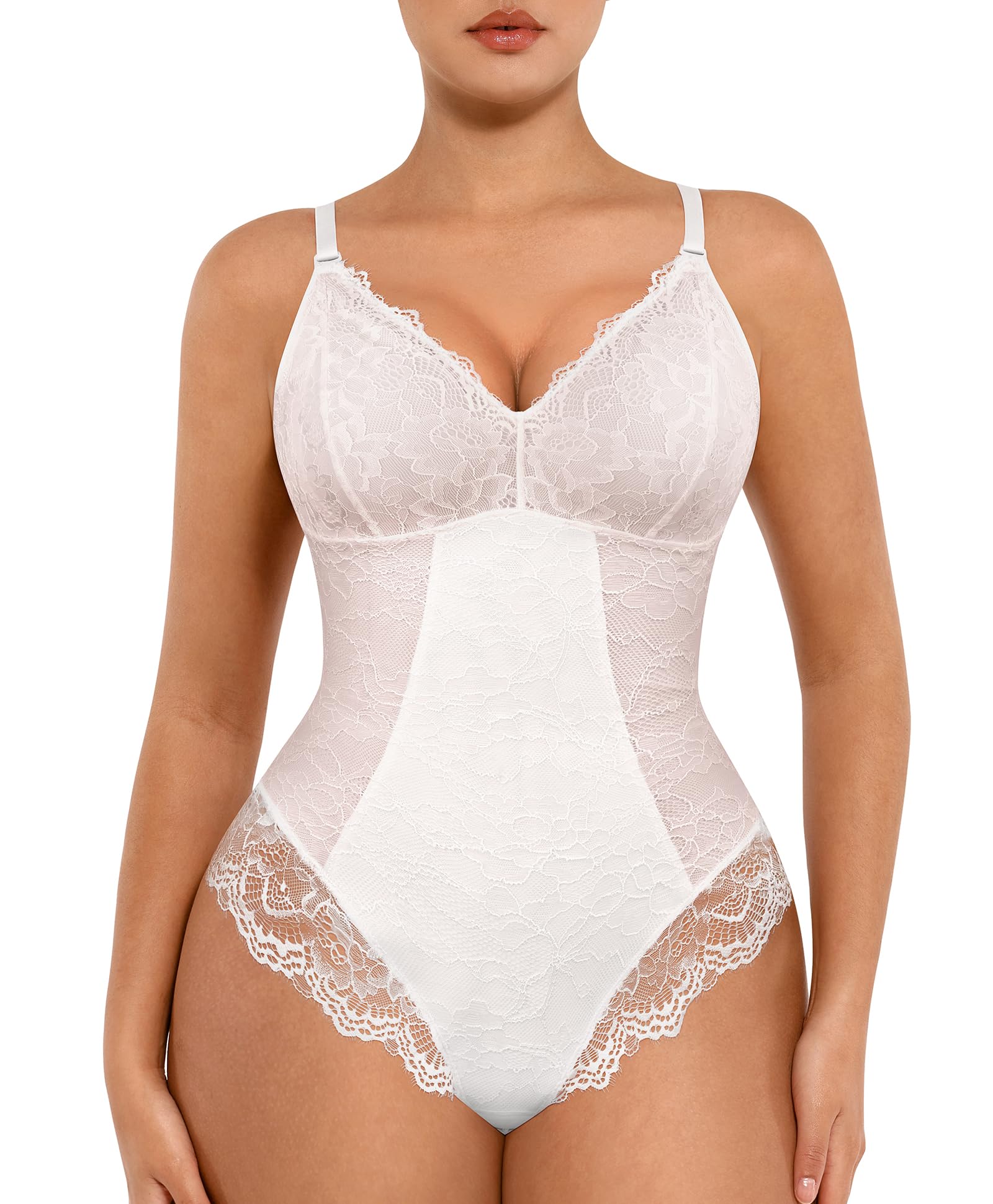FeelinGirl Shapewear Bodysuits for Women Lace Shapewear Tummy Control V-Neck Sleeveless Bodysuit Tops Jumpsuit