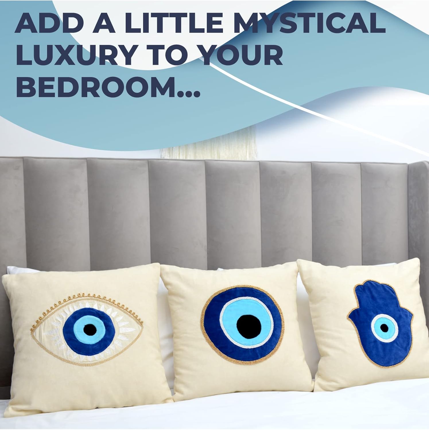 WALBROOK Evil Eye Pillow Cover 18x18 - Boho Hamsa Decorative Pillow Covers, Evil Eye Decor Boho Pillow Covers, Evil Eye Turkish Decor Blue Throw Pillows, Hamsa Hand of Fatima, Nazar Amulet Gifts