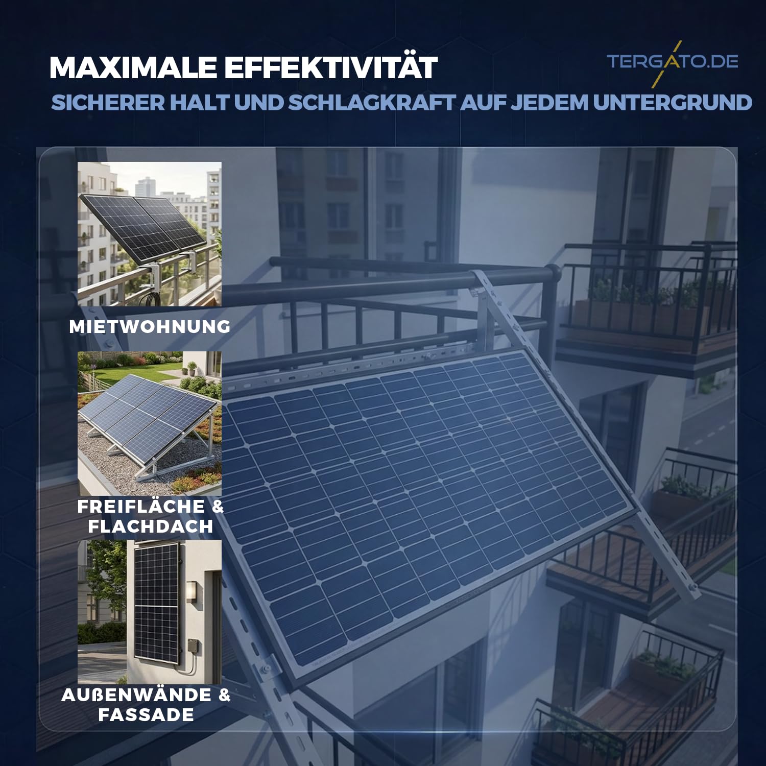 Balkonkraftwerk Halterung Aluminium von Tergato – Solarpanel Halterung für Balkon & Wand – Verstellbar 30-50° – PV Modul Set aus Aluprofil – Rostfreier Stahl