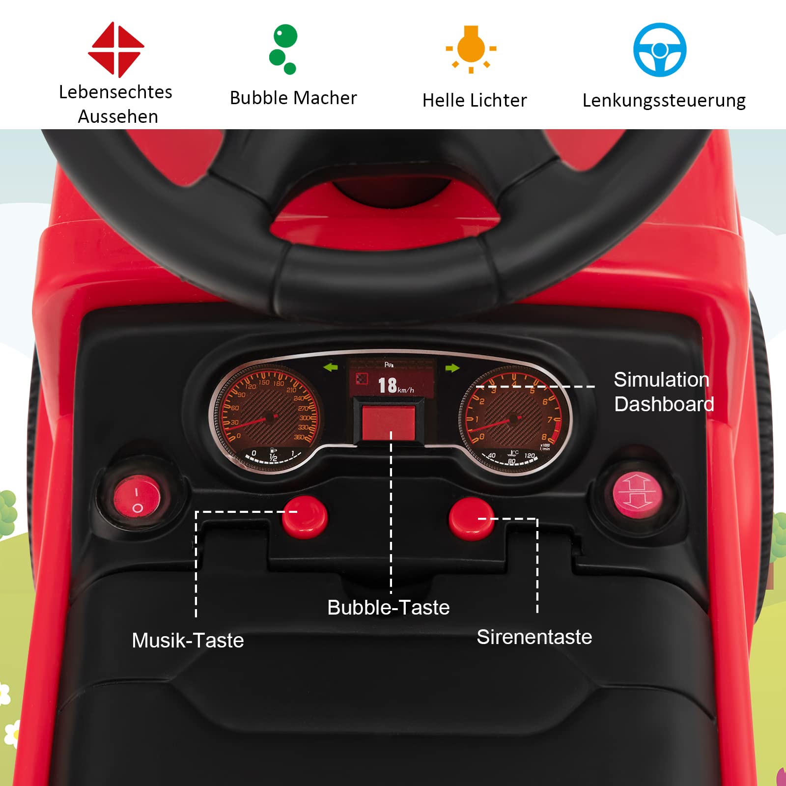 DREAMADE Rutscherauto Kinder mit Bubble Maschine, Feuerwehrfahrzeug Kinder bis 20kg, Rutschauto mit Lichtern und Musik, Rutscherfahrzeug für Baby von 18-36 Monate (Modell 1)