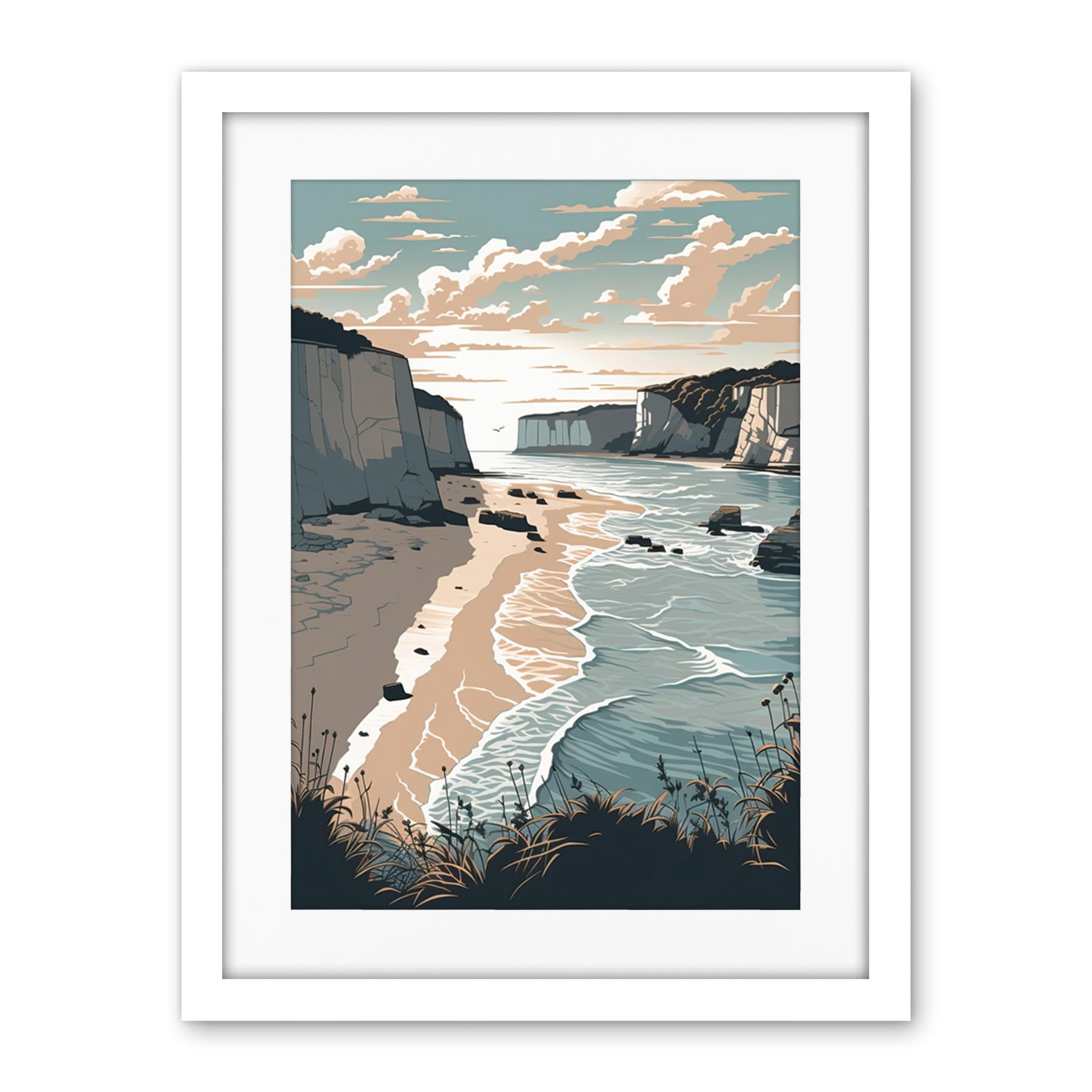 Artery8 Bay with Cliffs Pastel Colour Coastal Landscape Artwork Framed Wall Art Print 18X24 Inch
