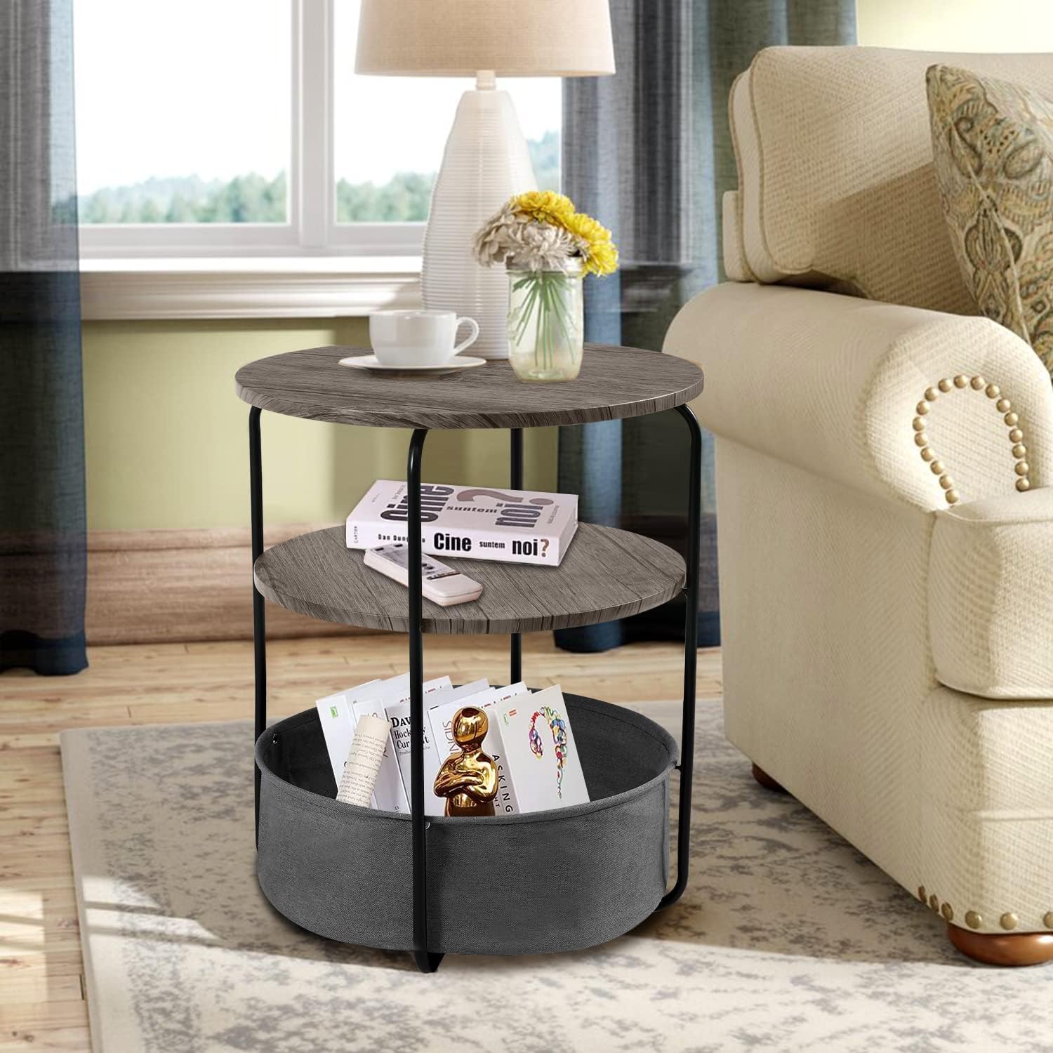 ONG Round Storage End Table, Wood Nightstand, Sofa Couch