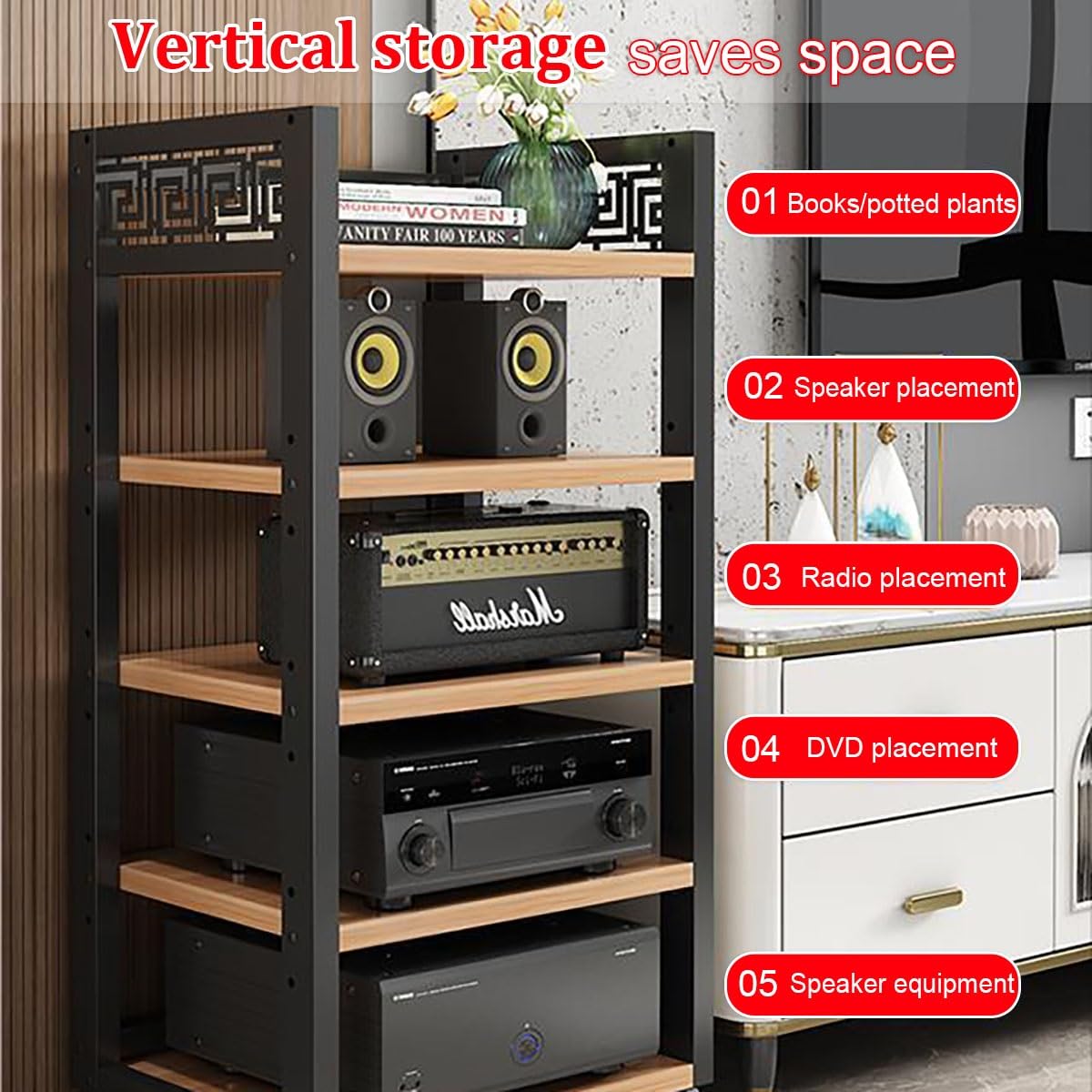 3/4/5 Nivele Estanteria Audio HiFi, Mueble Equipo HiFi Estéreo Supports, Soporte HiFi Para Sala De Estar Estudio De Grabación, Con Deflector Hueco Para Equipo De Audio Y Vídeo Amplificador Gabinete(Bl