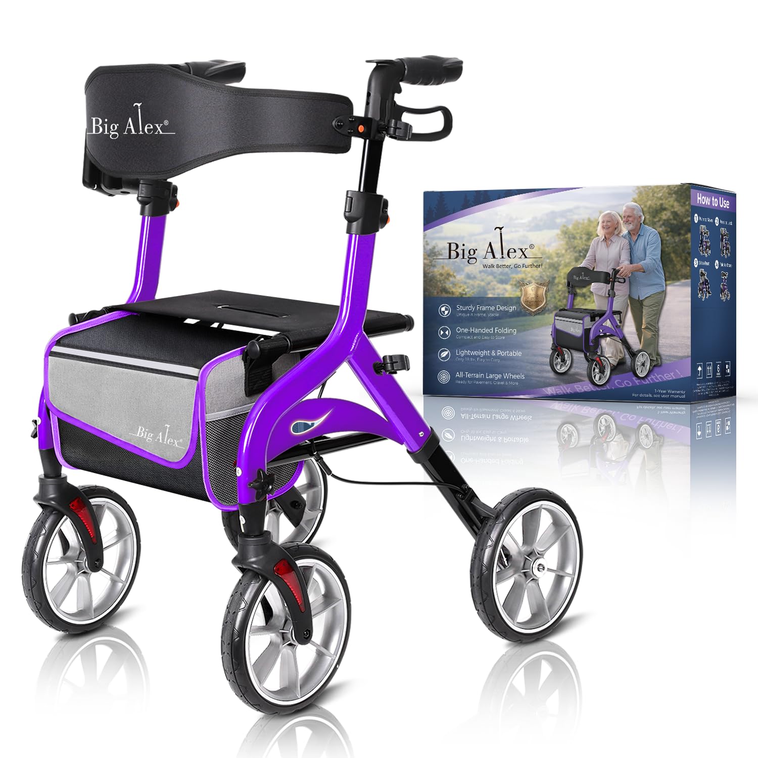 BigAlex Foldable Rollator Walker with Seat, Lightweight Aluminum Rolling Walker for Seniors, 10" Large Wheels for All Terrain, Removable Backrest,Cane Holder Supports Various Canes, Purple