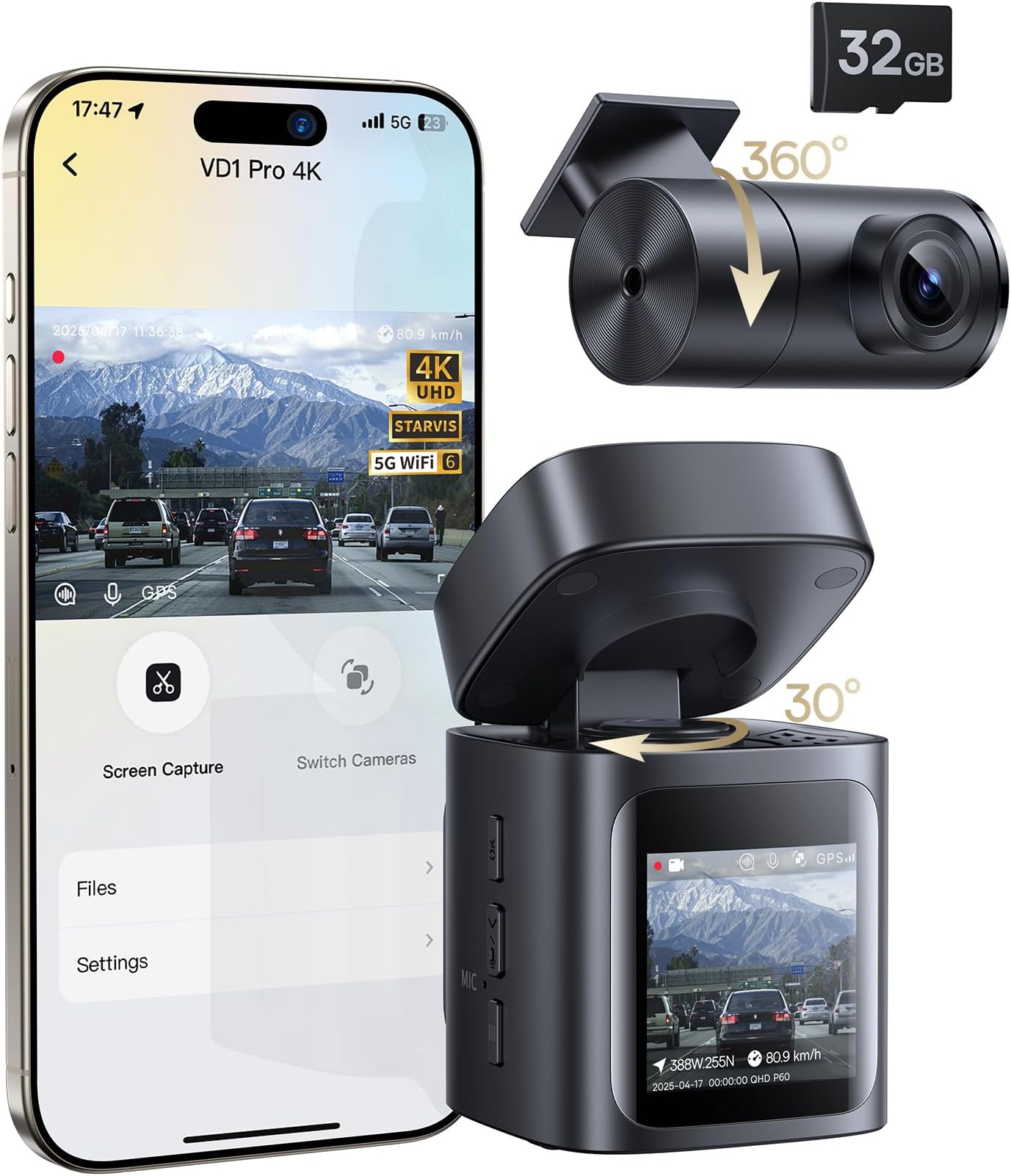 Baseus VD1 Pro Solar Dash Cam Front and Rear, 4K+1080P Dash Camera for Cars, Battery Powered Parking Mode, Starvis Night Vision, 32 GB Card Included, 5GHz WiFi, GPS, Wide Angle,Voice Control