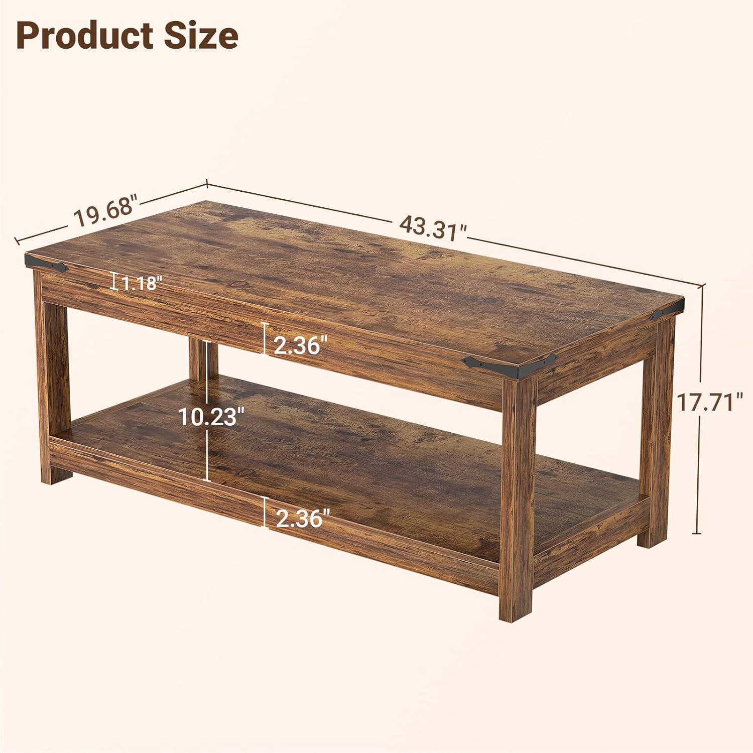 Homieasy 43.3” Rectangular Coffee Table with Storage Shelf, Farmhouse Wood Center Table for Living Room, Modern Black Tea Table with Open Shelf, Rustic Brown