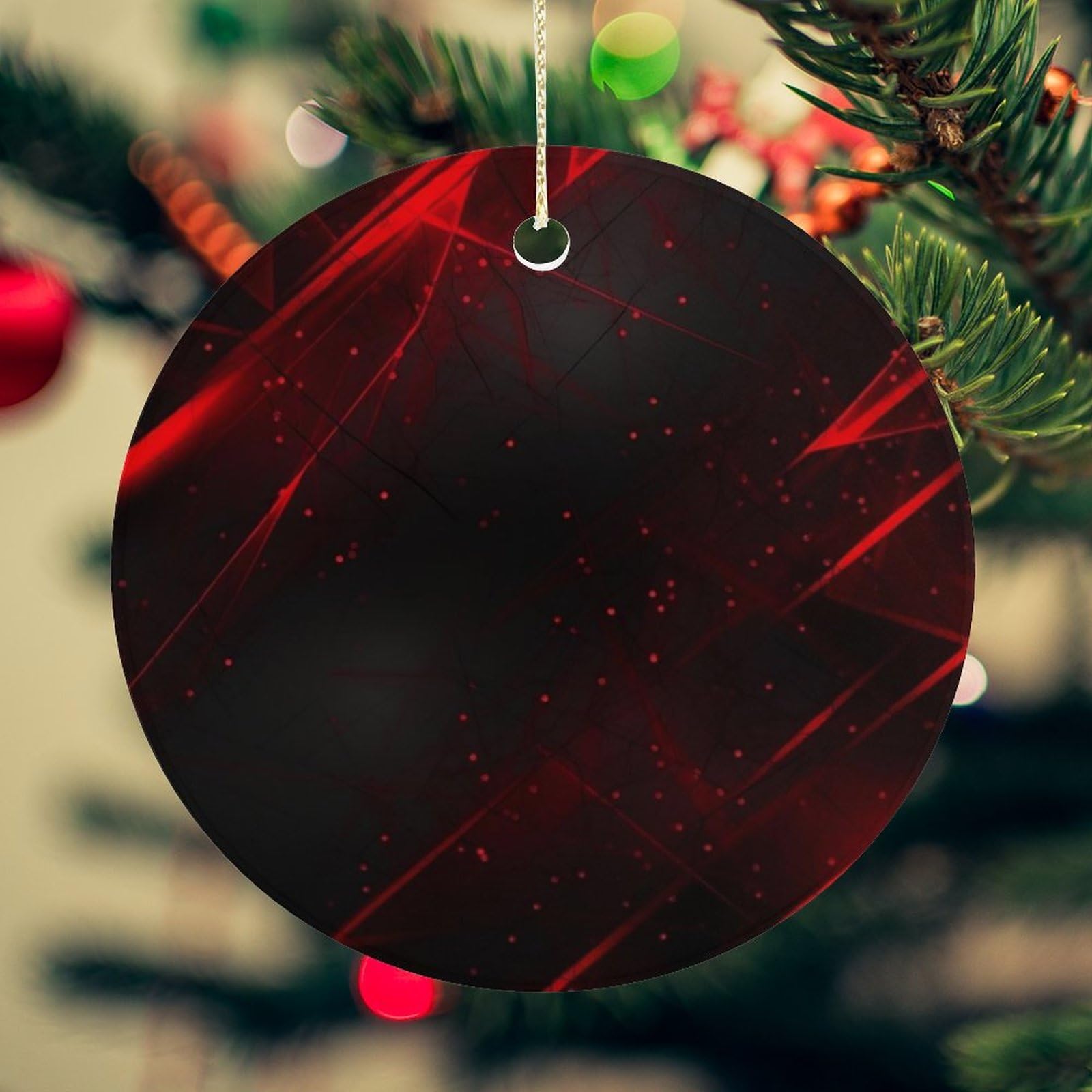 Black and Red Background Christmas Ornament for Christmas Tree Ceramic Round Ornament Winter Holiday Keepsake Gift 2.7" Christmas Tree Hanging Decorations Circle Ceramic Pendant Xmas Gift