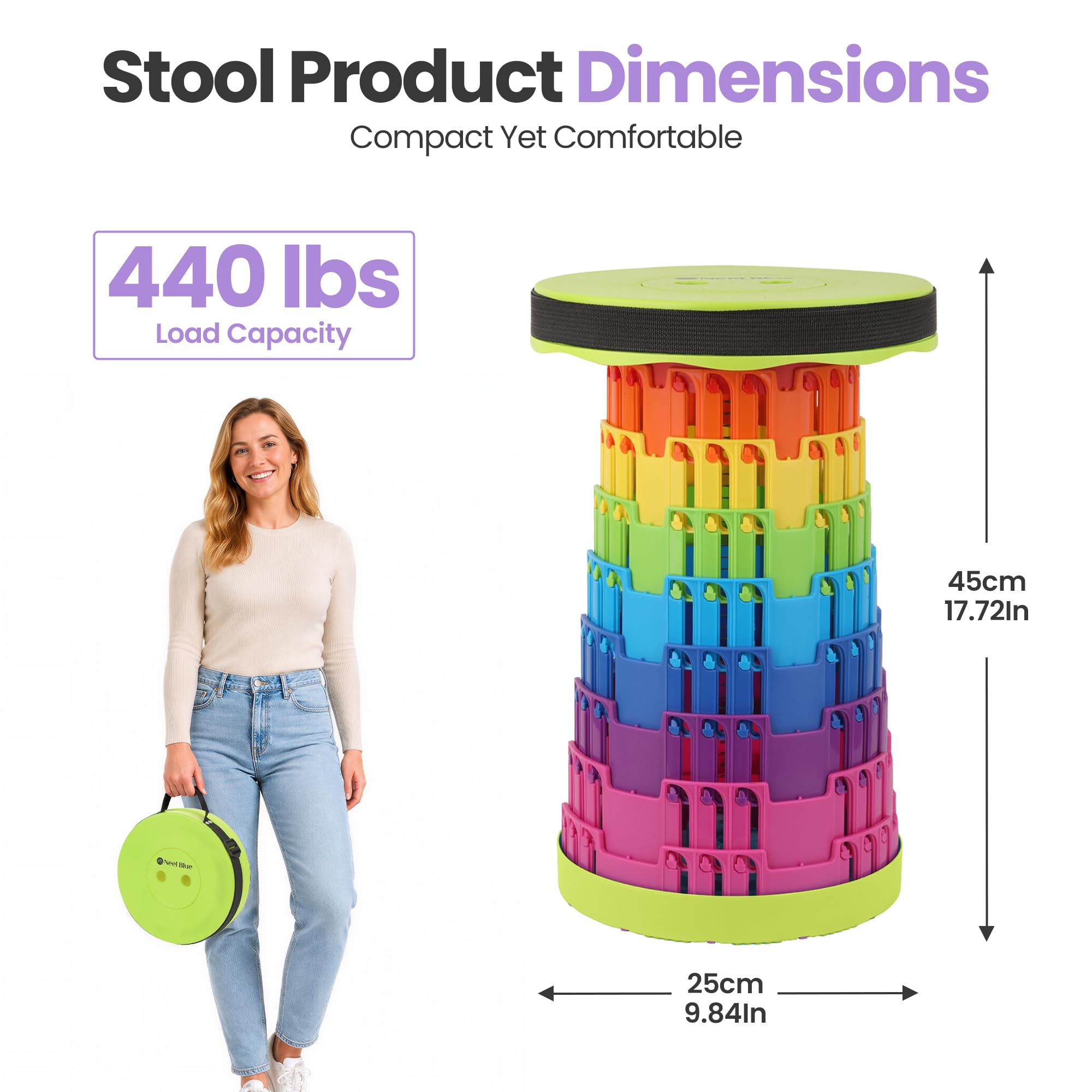 Event Decor Shop Tabouret de camping télescopique 200 kg – Vert arc-en-ciel, 3 pièces | Siège réglable, tabouret rétractable en plastique haute résistance pour événements et activités en intérieur et en extérieur