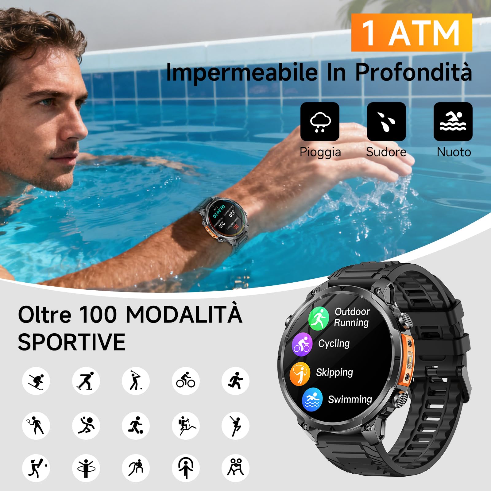 2026 Nuovo GPS Smartwatch, Rugged Orologio Smartwatch Con Chiamate Bluetooth,1.7" Militari Smart Watch Per Frequenza Cardiaca,SpO2,Sonno, Stress,720MAH,Torcia,120+ Modalità Sport Android iOS