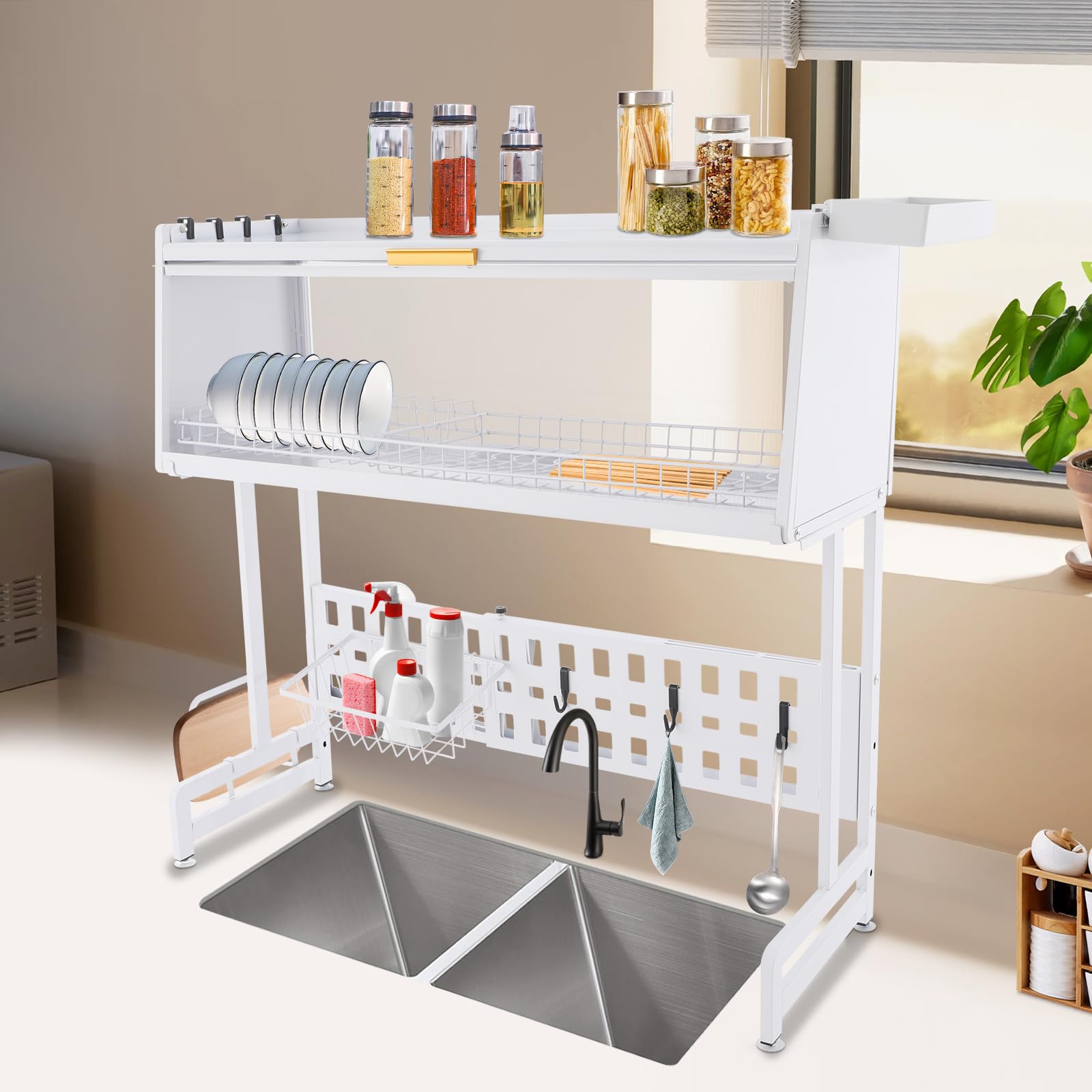 Escurreplatos sobre el fregadero, escurreplatos para platos sobre el fregadero con soporte telescópico ajustable para almacenamiento de cocina para fregaderos de hasta 84 cm