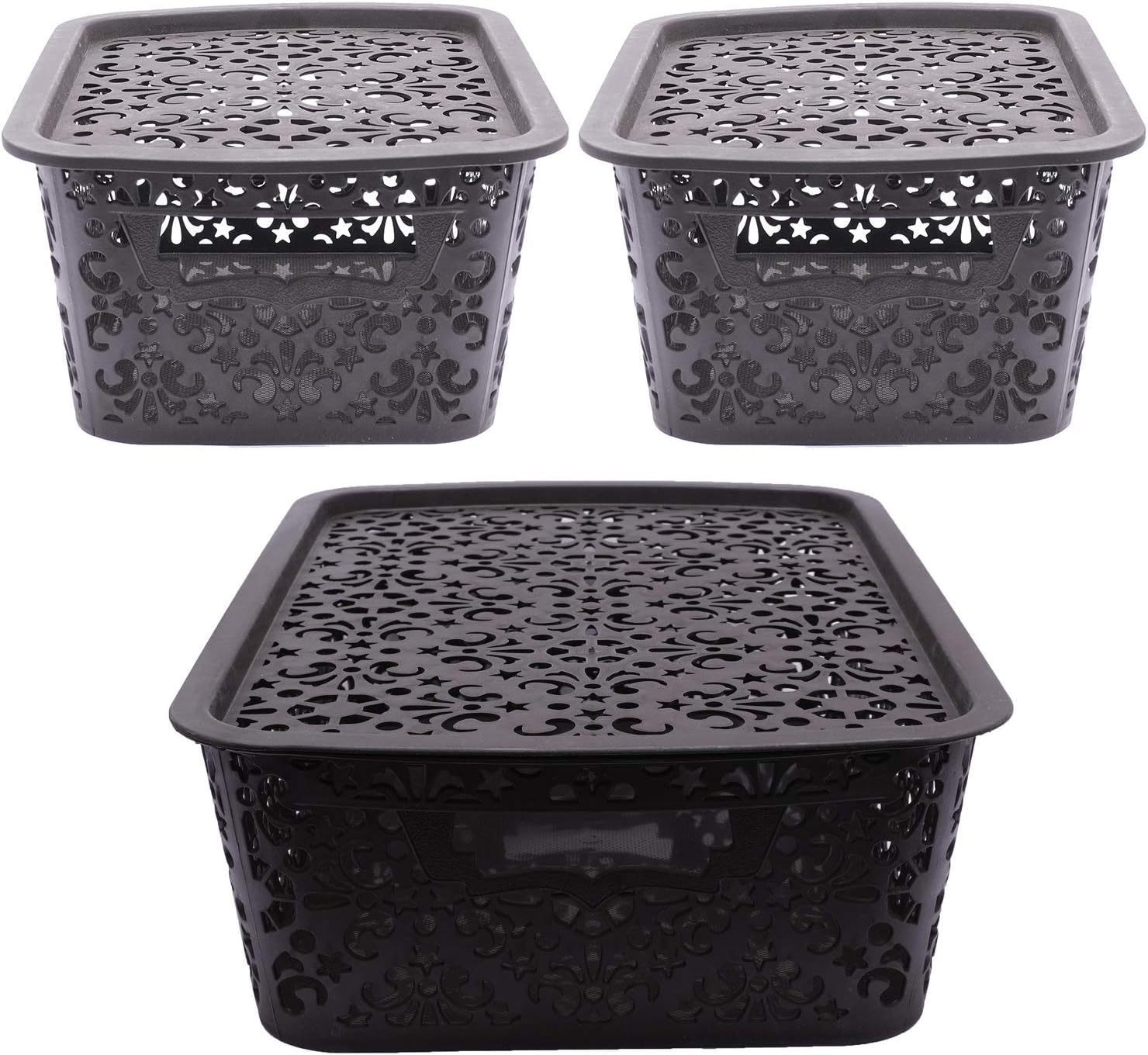 Cutting EDGE Turkish Basket (1 x Medium, 2 x Small) with Lid for Storage Baskets For Fruit Vegetable Bathroom Stationary Home Basket with Handle (Black)