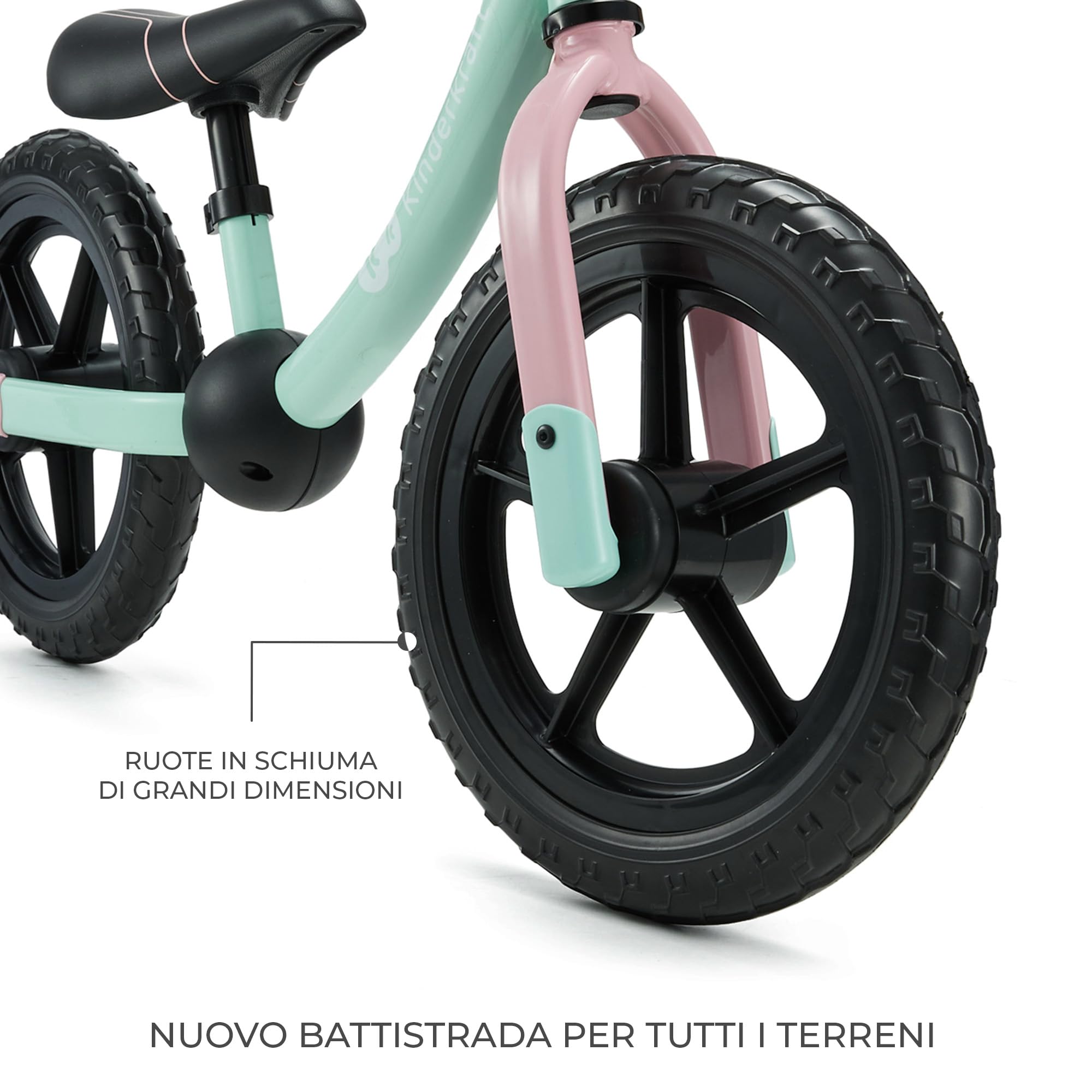 Kinderkraft 2WAY NEXT OFF ROAD Bicicletta fino a 35 kg, bicicletta per bambini, ruote da 12 pollici, sella e manubrio regolabili in altezza, facile da montare, impugnatura in gomma, menta