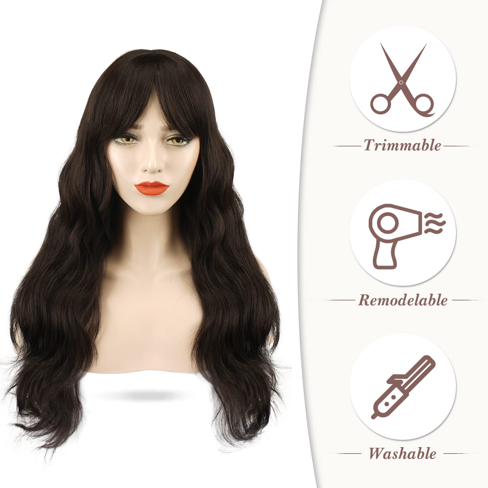 Perruque Longue Synthétique Brune Ondulée Avec Frange - Bonnet Monofilament - Neuf Sans étiquettes
