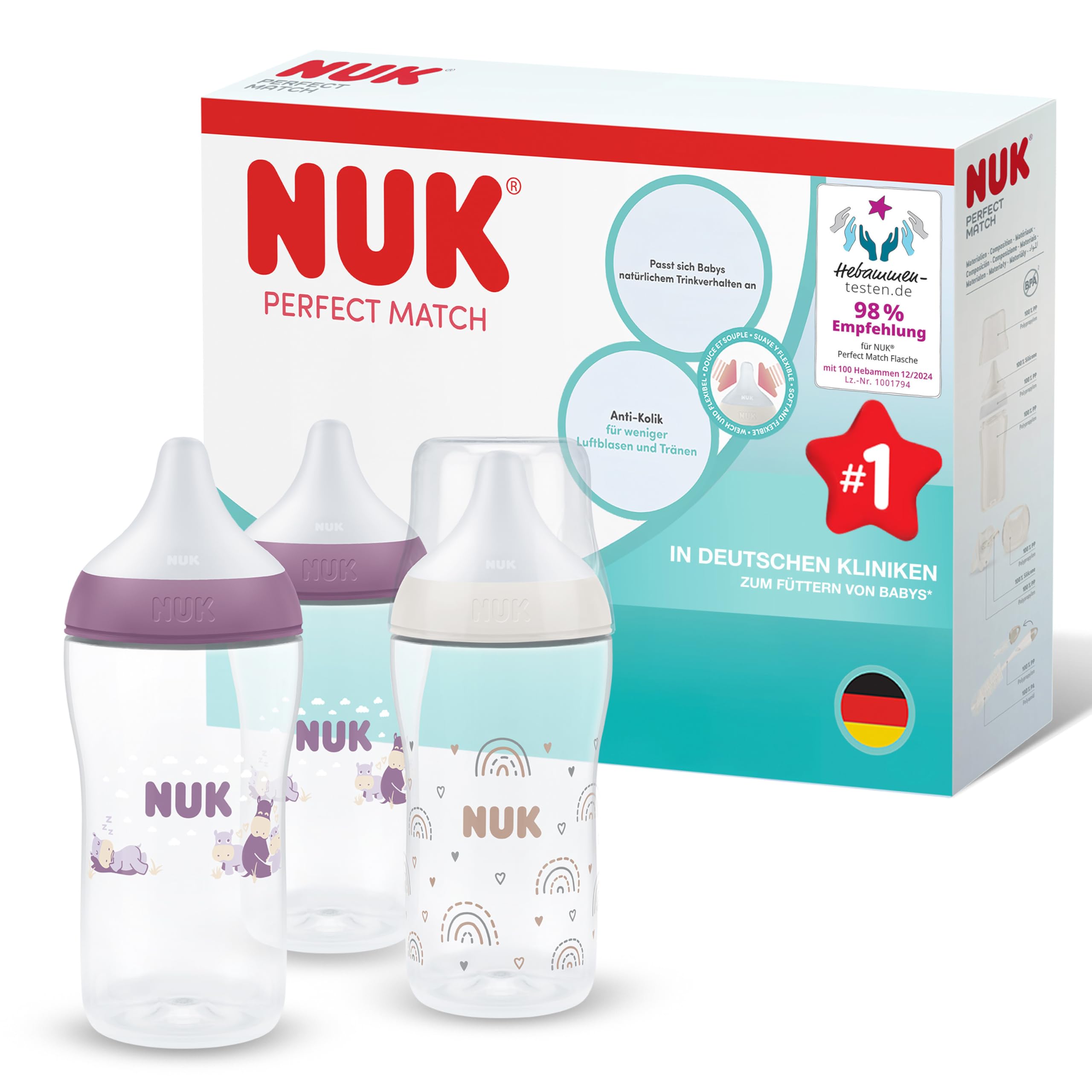 NUK Perfect Match Babyflaschen | 3+ Monate | 260 ml | Anti-Kolik-Babyflasche | PP | Temperature Control Anzeige | Regenbogen/Nilpferd | 3 Stück