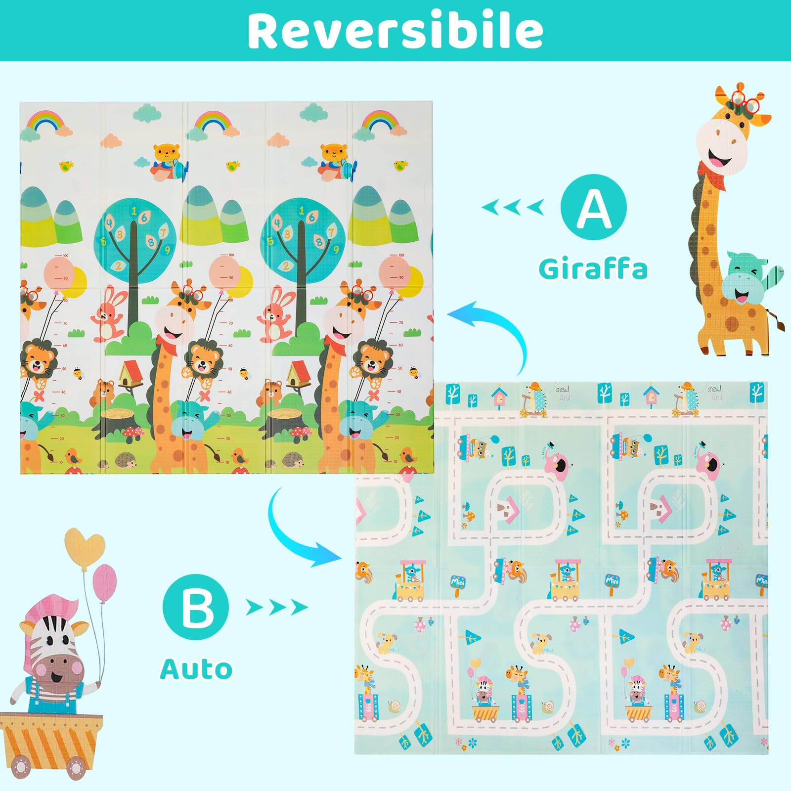 Tappetino da Gioco per Bambini, 200 x 180 cm x 1 cm, Tappeto Gioco Neonato, Tappeto Bambini Reversibile, Non Tossico, Fondo in Schiuma XPE, Pieghevole, Impermeabile, per Sviluppo Sensoriale, Giraffa