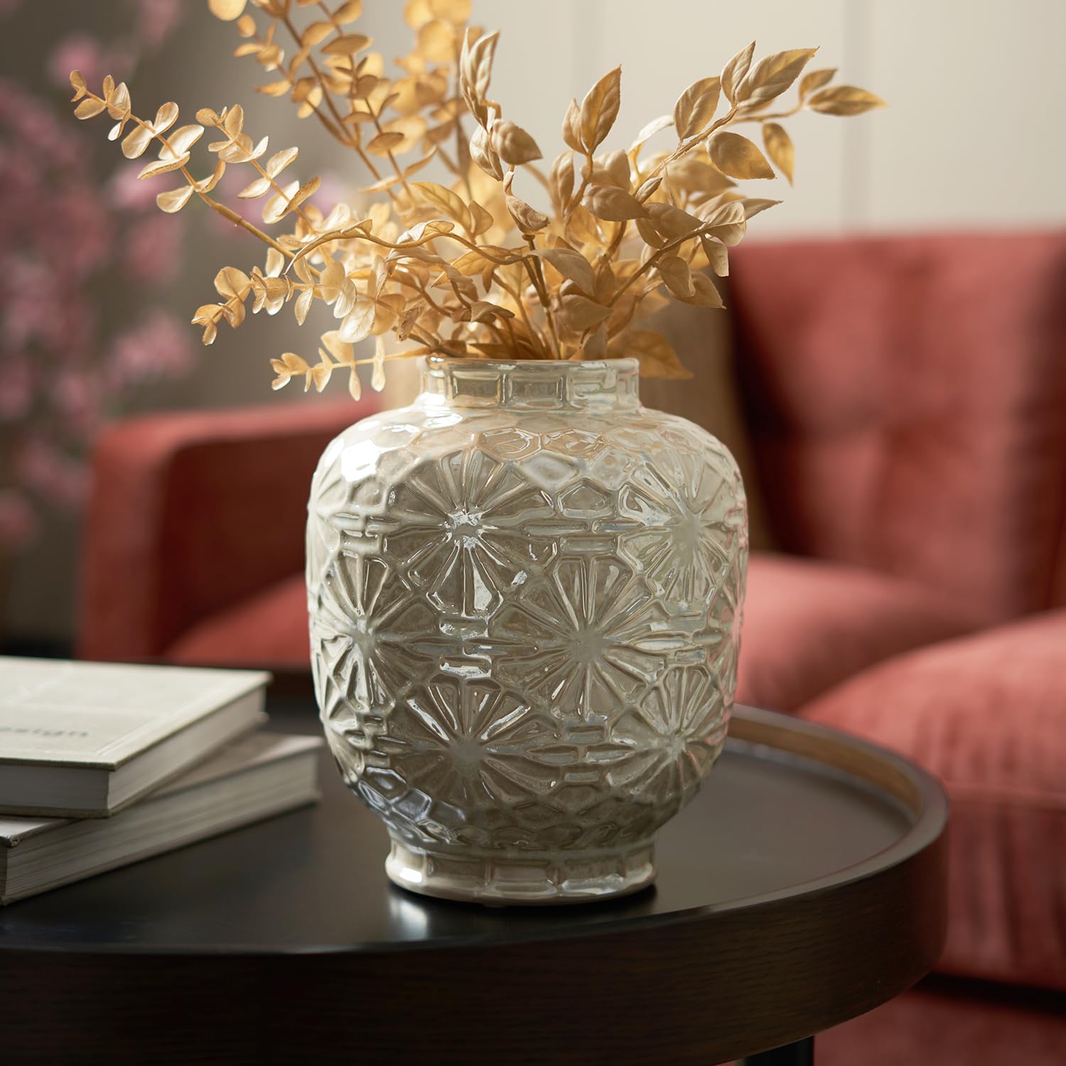 PURE HOME + LIVING Ceramic Decorative Floral Imprinted Vase, (23cm Height, White)-image-31