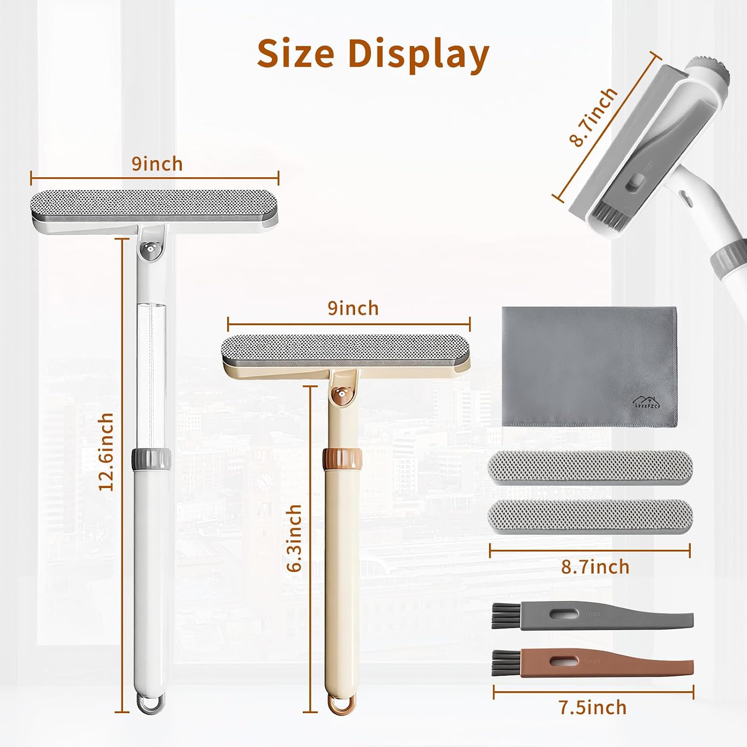 2 Pack 5-in-1 Extendable Window Squeegee with Spray, 12.6 Inches All-Purpose Window Cleaner Tool, Sponges, Silicon Blade & Gap Brush for Indoor/Outdoor Glass, Shower Door, Car Windshield, Mirror