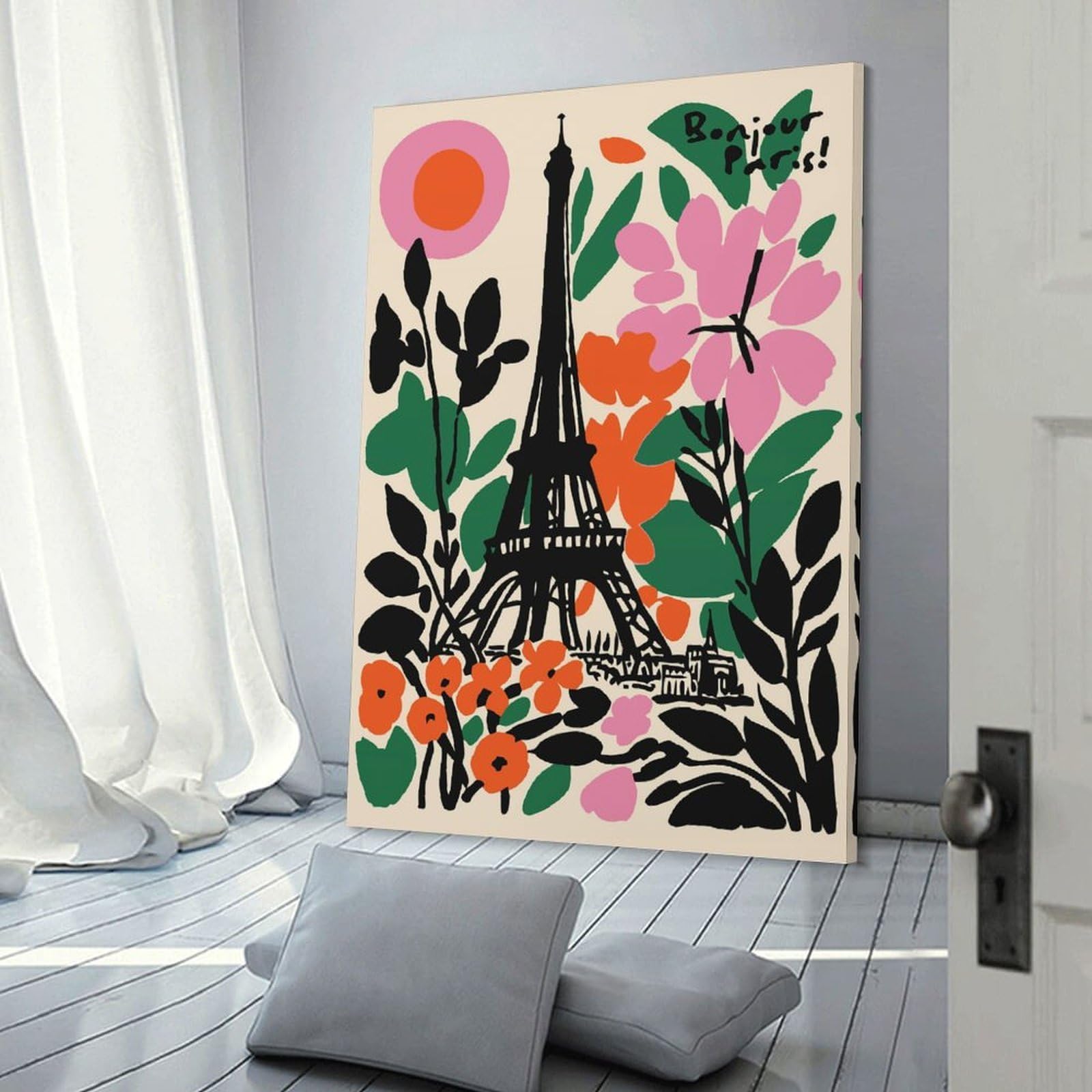 Canvas Wall Picture Bonjour Paris Eiffel Tower Floral Art, 24x36inch(60x90cm), for Gallery Wall Decor And Room Displays, Decorative Artwork with Flexible Styling