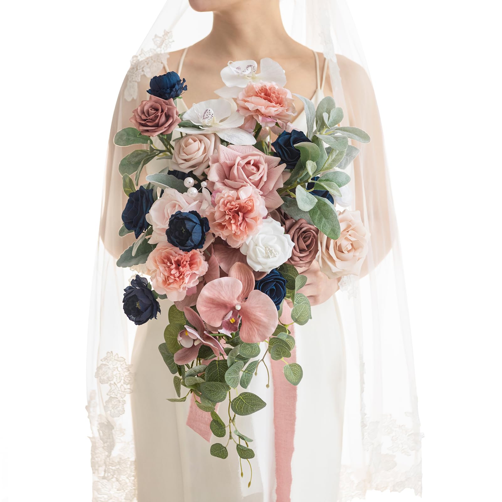 Photo 1 of Ling's moment Bridal Bouquet Cascading Dusty Rose Wedding Bouquet for Bride