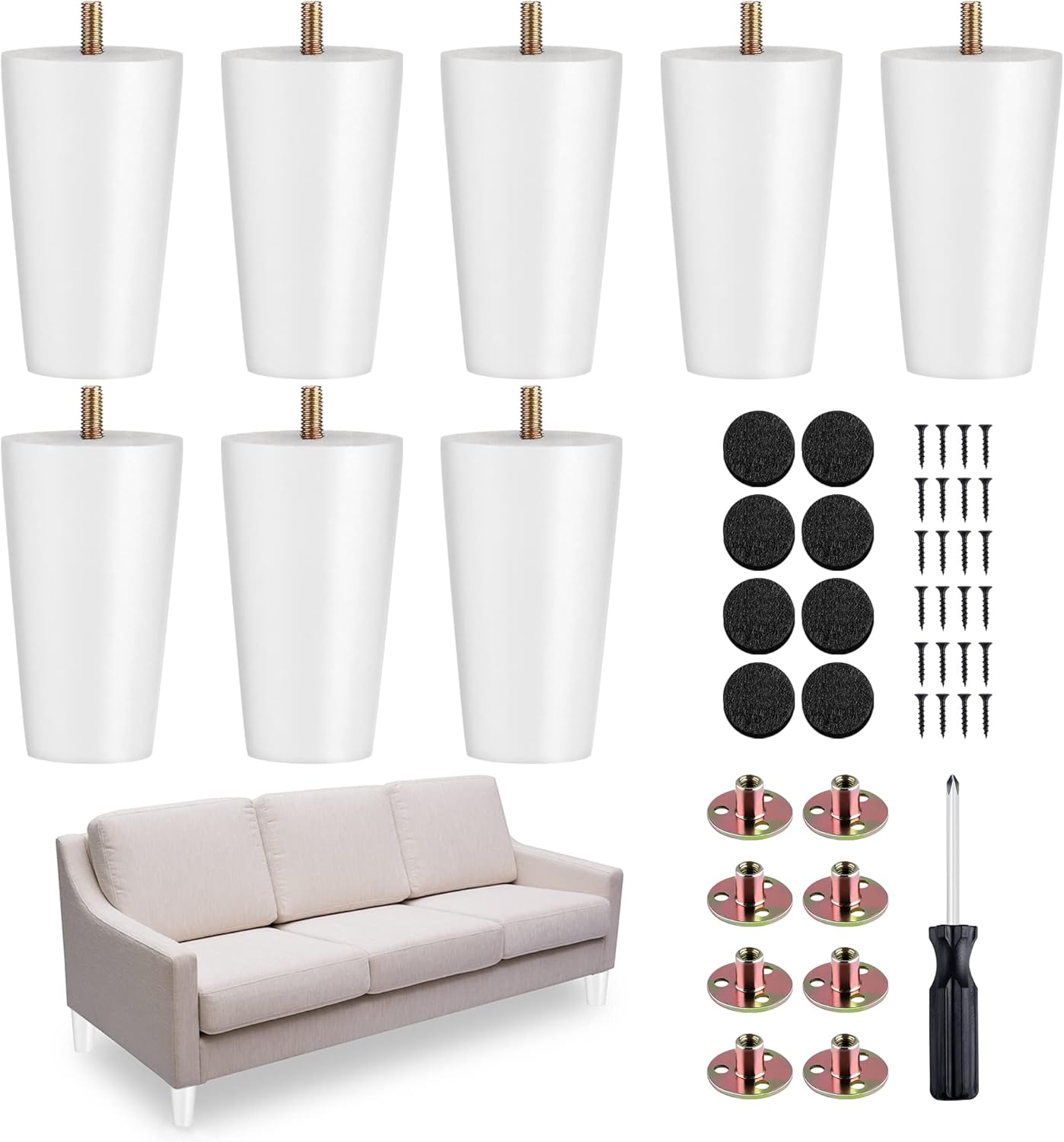 TURSTIN 8 Pieces Furniture Legs 4 Inches Round Solid Wood Furniture Feet Couch Legs