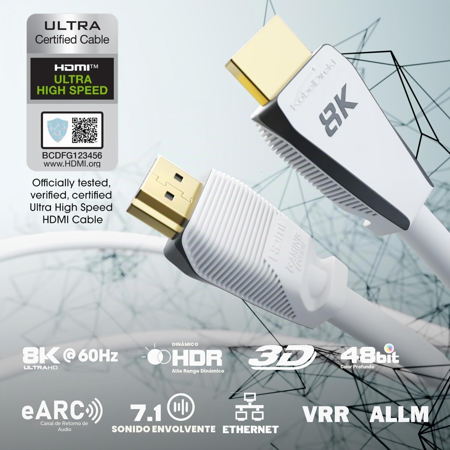 KabelDirekt – Cable HDMI 2.1 8K, edición Gamer certificada – 2m (8K@60Hz, Ultra High Speed/48G para 10K, 8K o ultra rápido 144Hz a 4K, óptimo para PS5/XBO y PC Gaming, Monitor/TV, blanco)
