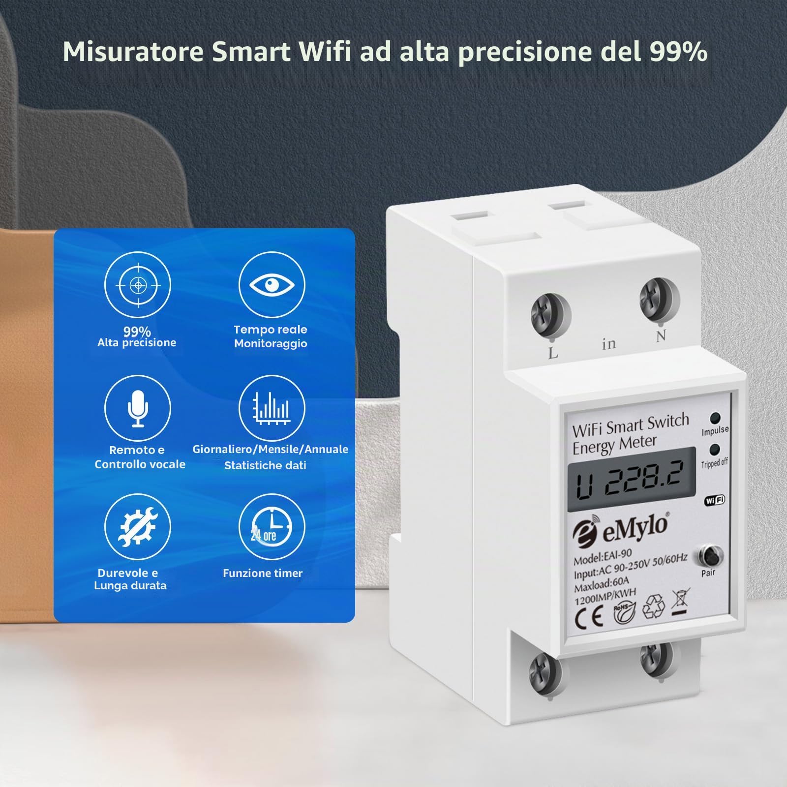 eMylo Smart Wifi Contatore elettrico Misuratore di energia monofase 35mm DIN Misuratore di elettricità su guida 60A 90-250V con display LCD digitale kWh Amperometro Monitor alimentazione domestica