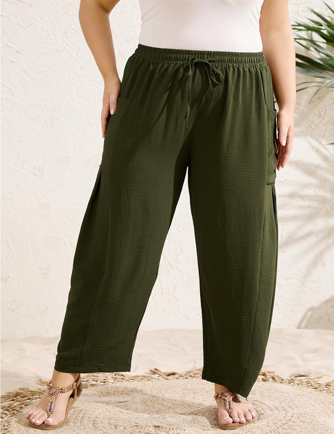 Plus Size Pants for Women Palazzo Harem Drawstring Lantern Pants Summer Ankle Beach Trousers with Pockets - Image 2