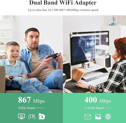 Miniatura 2 de WAVLINK Adaptador WiFi USB3.0, adaptador de red inalámbrica AC1300Mbps para PC de escritorio, doble banda 5GHz+2.4GHz WLAN con alta ganancia 2X 3dBi