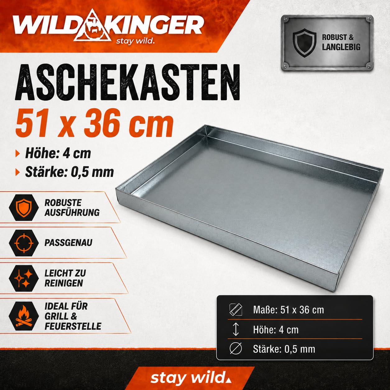 Wildkinger Aschekasten 51x36 cm Aschewanne für Grill Steingrill Feuerstelle