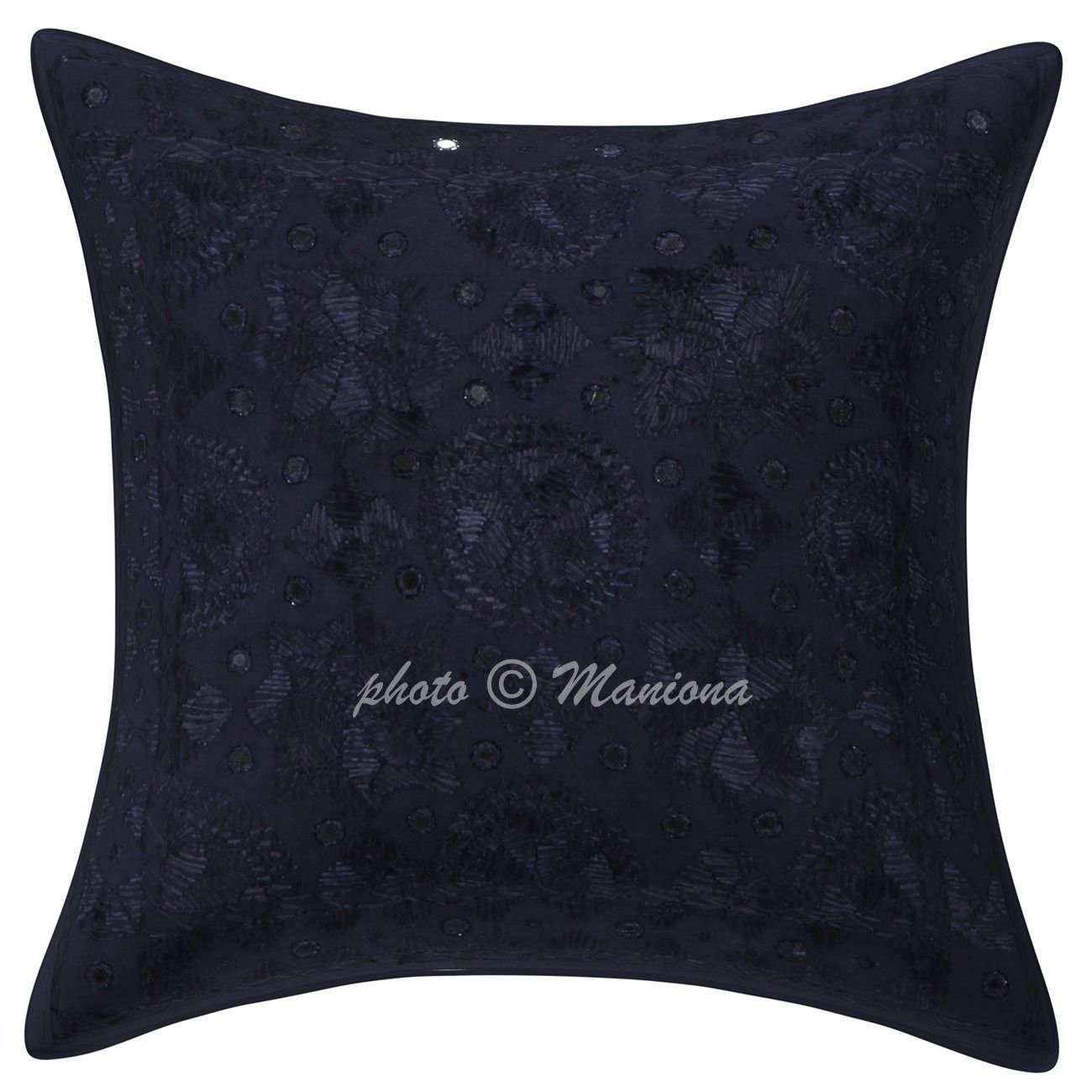 Maniona Crafts Indian Mirror Embroidered Work Dark Blue Cotton Cushion Cover 16 X 16 Sun and Moon Throw Pillow