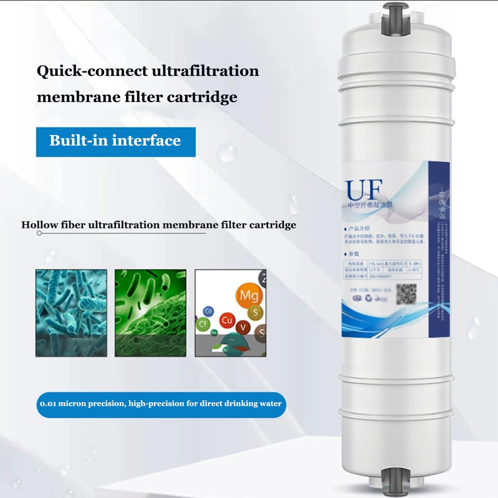Lot 4 cartouches rechange pour filtre à eau UF 0,01 µm, cartouche filtrante à membrane d'ultrafiltration à connexion rapide, pour filtre à eau sous évier 25 cm (10 pouces)