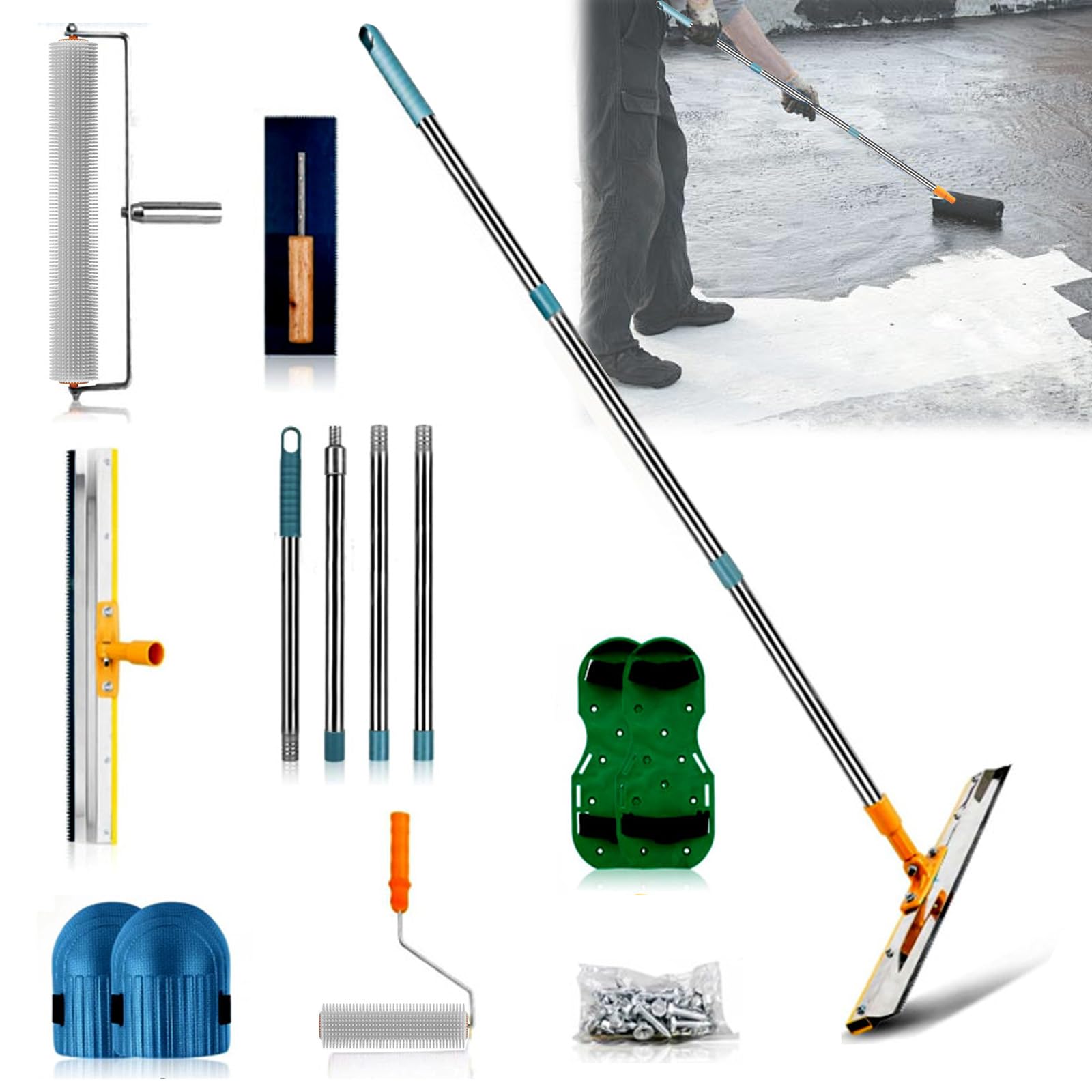 Bodenbeschichtung Set, Ausgleichsmasse Boden Werkzeug Set, mit Stachelwalze 50cm, Farbroller, Edelstahl Spachtel 56cm, Nagelschuhe, Abnehmbarem 1,6 m Verlängerungsgriff