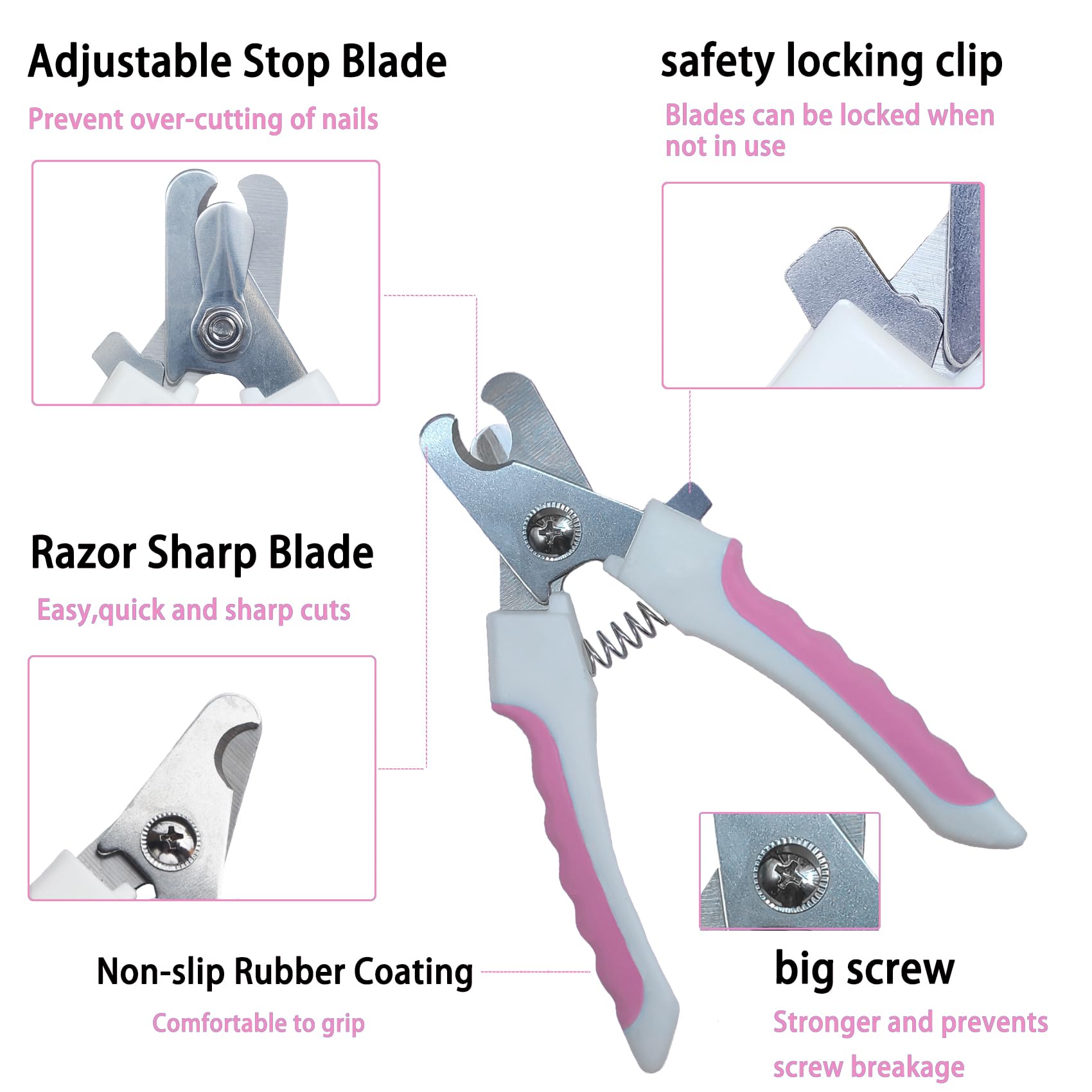 Kit de 5 cortaúñas para perros y gatos, con cierre protector para evitar cortes excesivos, recortadores profesionales para gatos y perros grandes y pequeños (rosa)
