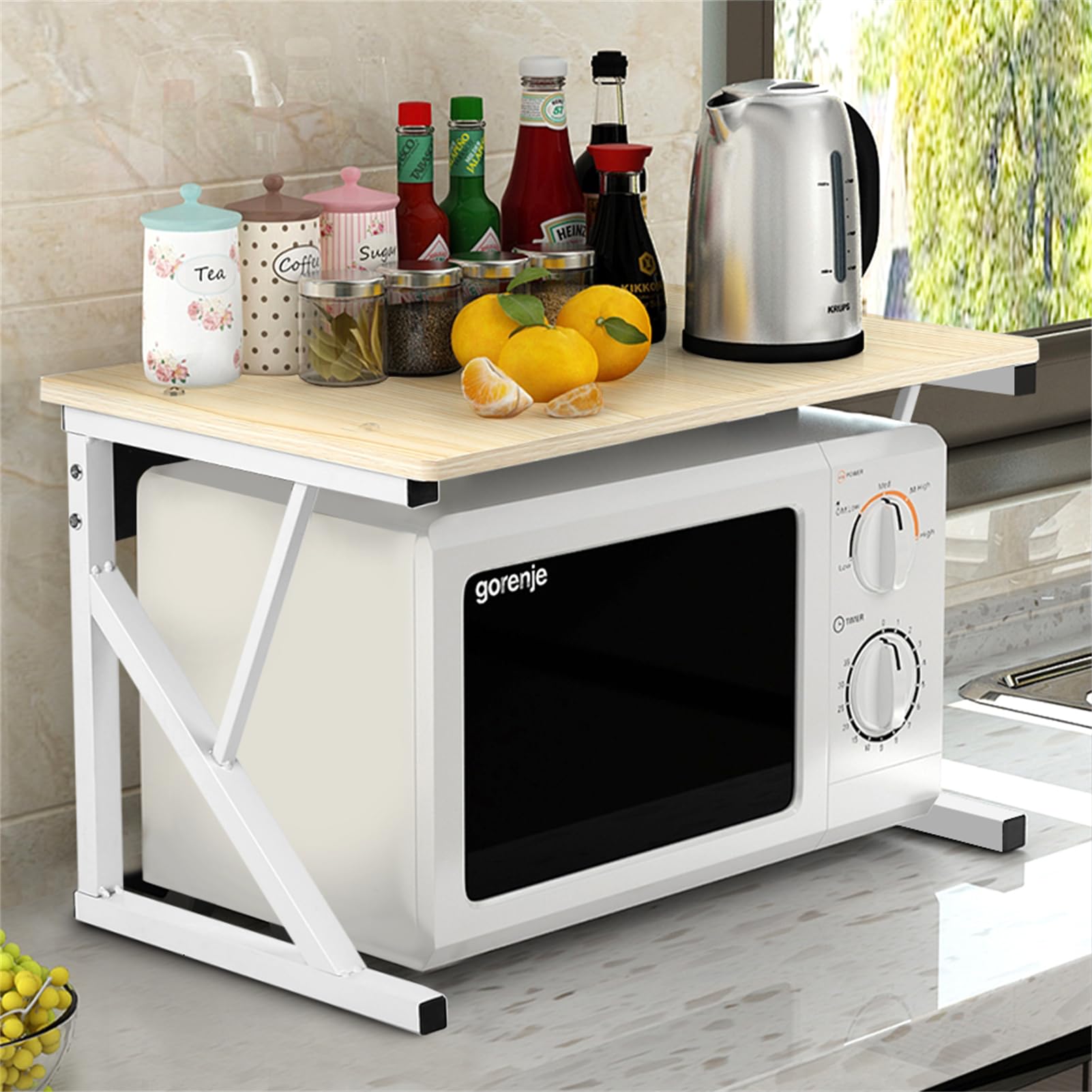 Scaffale Per Microonde Regolabile - 2 Livelli, Acciaio Al Carbonio | Con Ganci Per Cucina - Foto 3