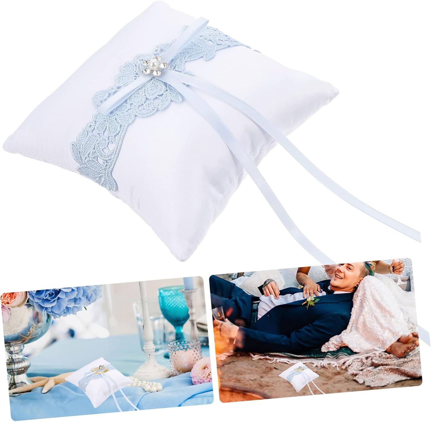 CHILDWEET 1Pc Lace Wedding Ring Pillow with Bowknot Elegant Ring Cushion for Ceremony Beautiful Lace Ring Holder for Engagement and Wedding Supplies