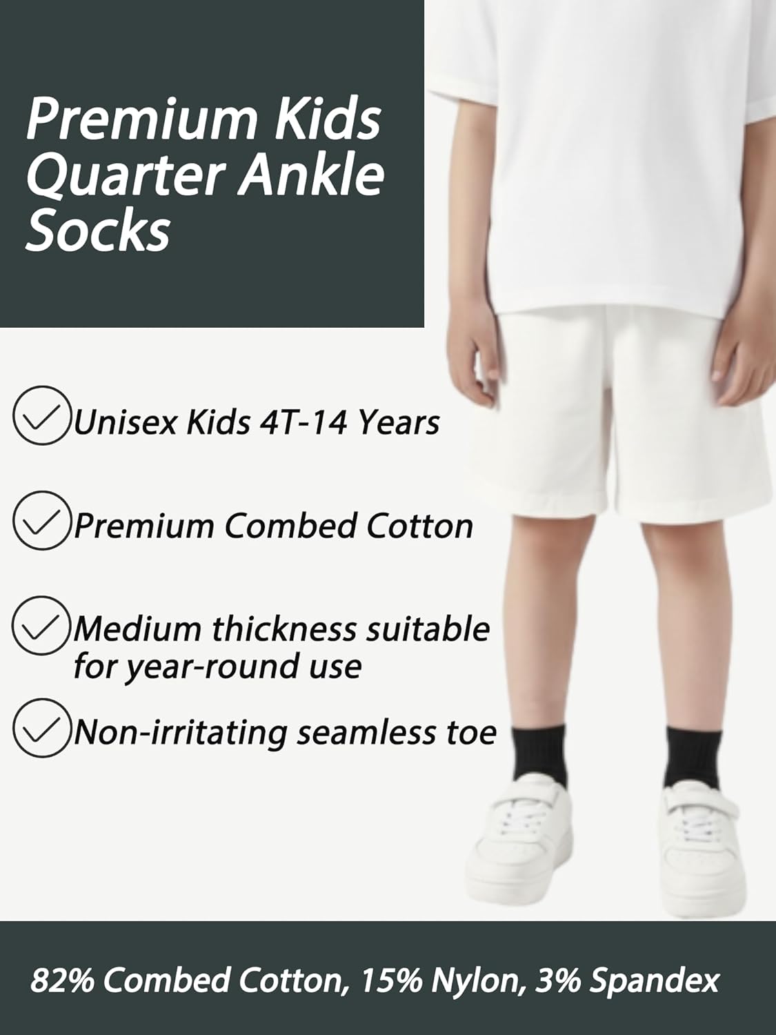 Kids Quarter Ankle Socks for Boys Girls Youth 10 Pack,Seamless Athletic Soft Cotton Socks for Sport School 4-14 Years - Image 2