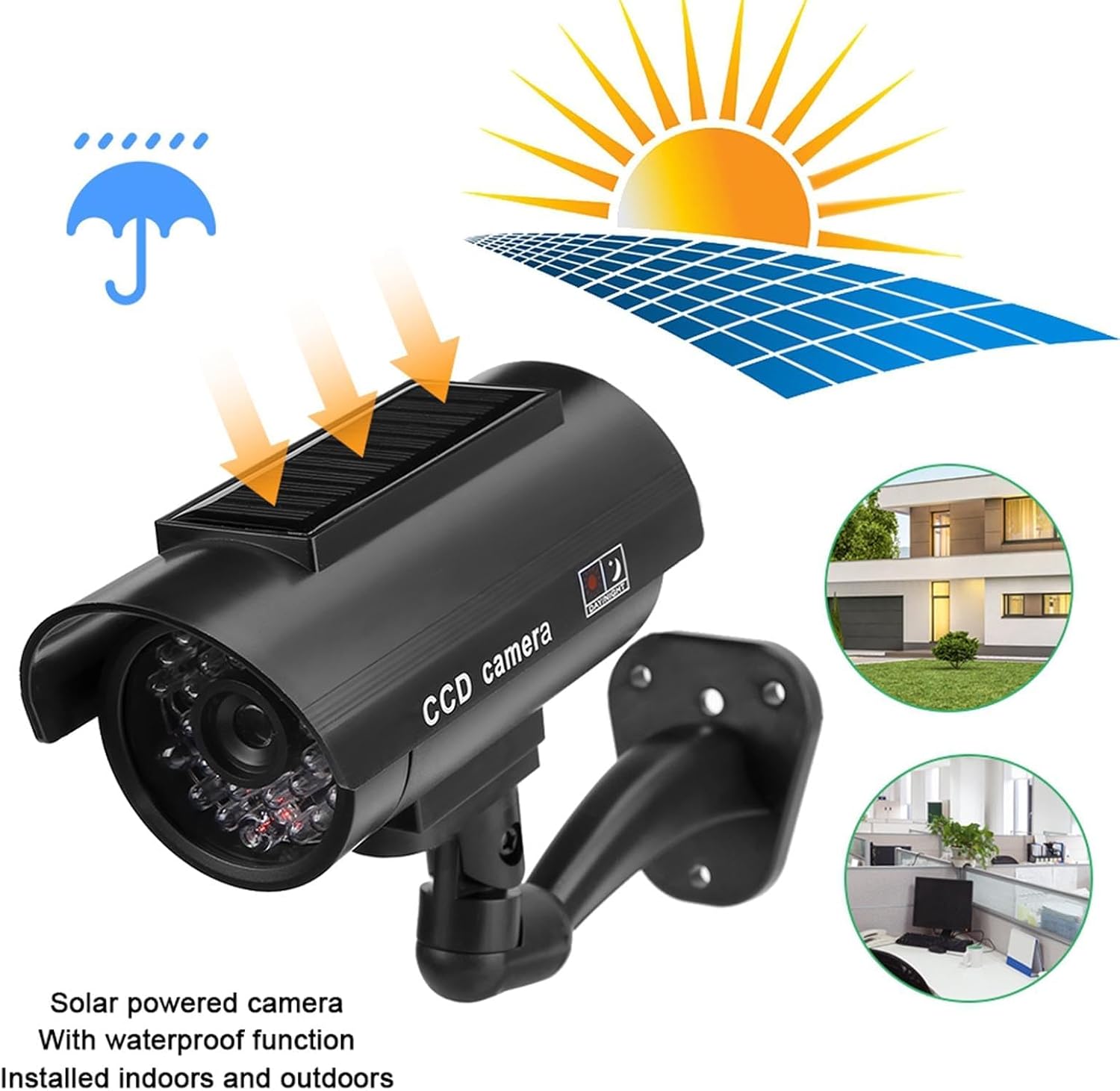 Fake Security Camera, Solar Powered Waterproofs Imitation Dummy Surveillance System with Flashing LED Light and Warning Sticker
