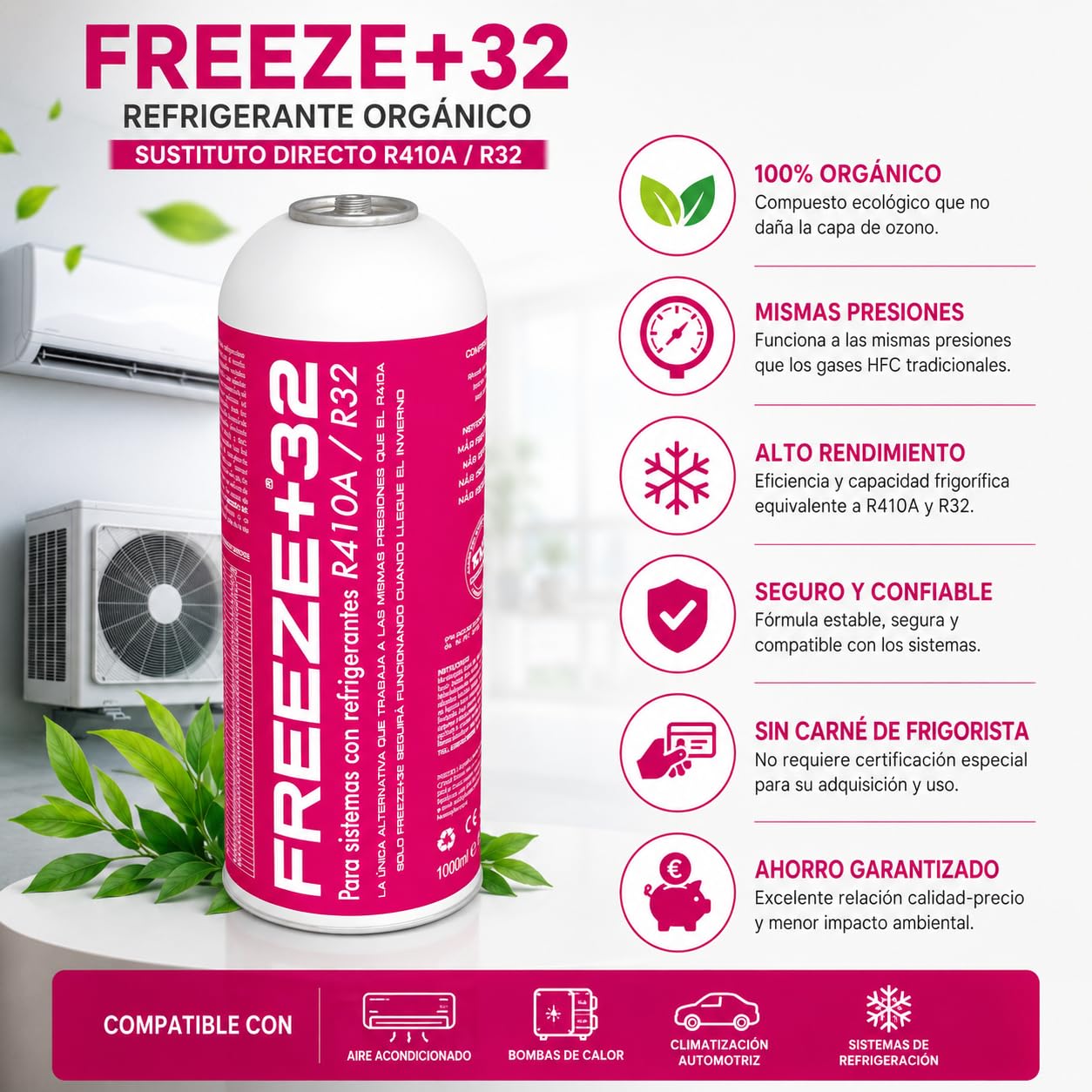 CABLEPELADO – Gas Sustituto Refrigerante Freeze+32 | Solución de Mantenimiento para Aire Acondicionado Orgánica para Sistemas R410A y R32 | Envase de 1000 ml | Alta Eficiencia