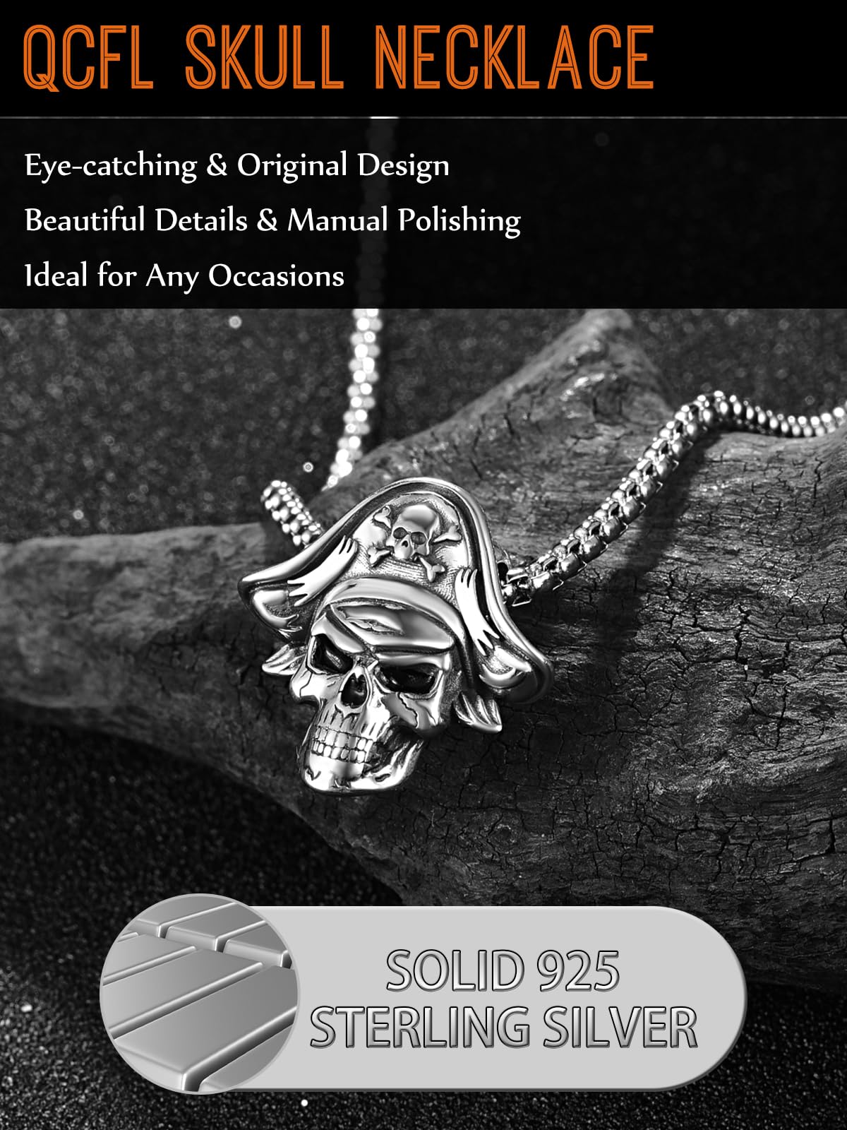 QCFL Skull Necklaces for Men, 925 Sterling Silver Mens Pendant Necklace, Cool Gothic Skull Jewelry Halloween Jewelry Gifts for Men Husband Him Father Son
