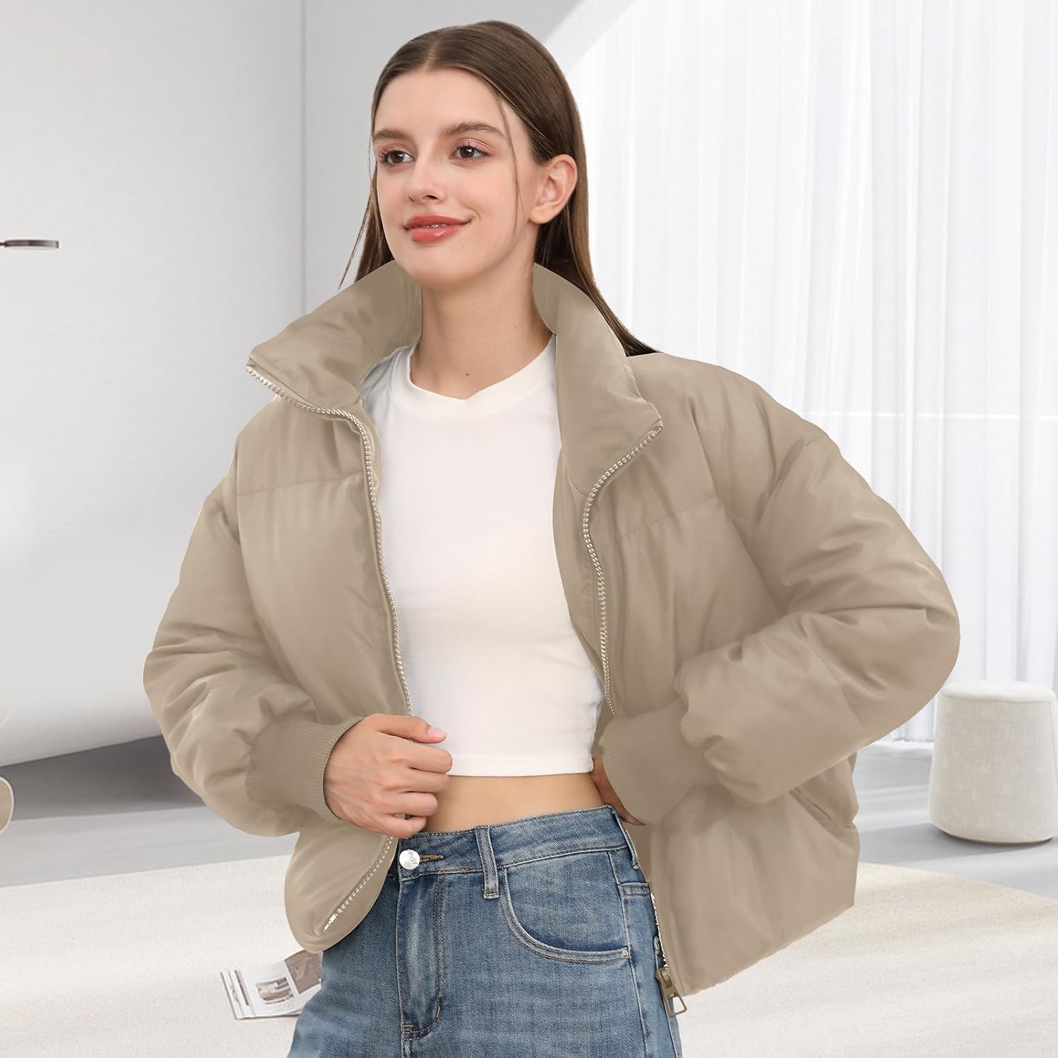 Women’s Winter Cropped Puffer Jacket Coat Casual Quilted Baggy Long Sleeve Zip Down Jackets Outerwear - Image 5