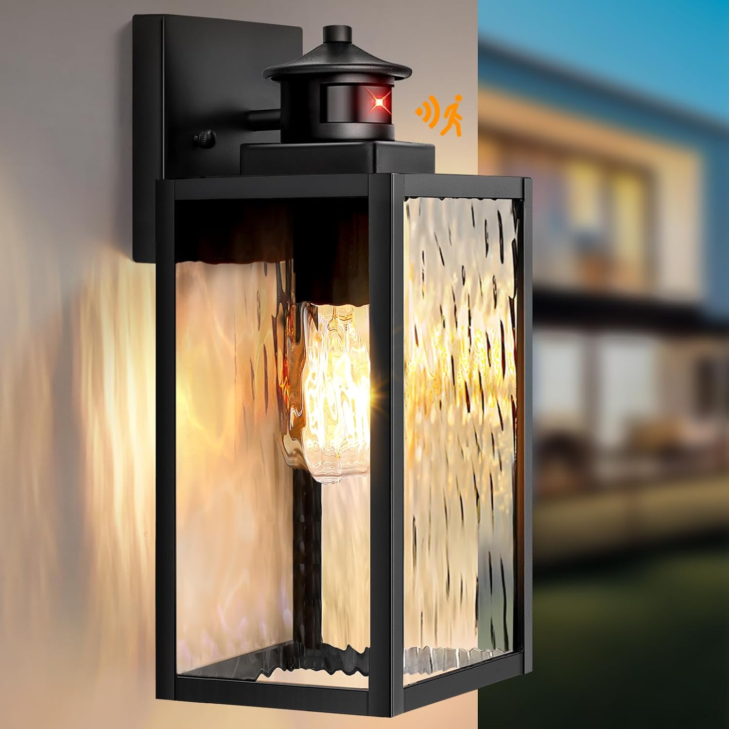 13.6" motion sensor outdoor wall sconce lantern, exterior waterproof wall lights fixtures with water-rippled glass, black outside mount lighting for house, porch, garage, patio, bulbs not included black 13.6 inch